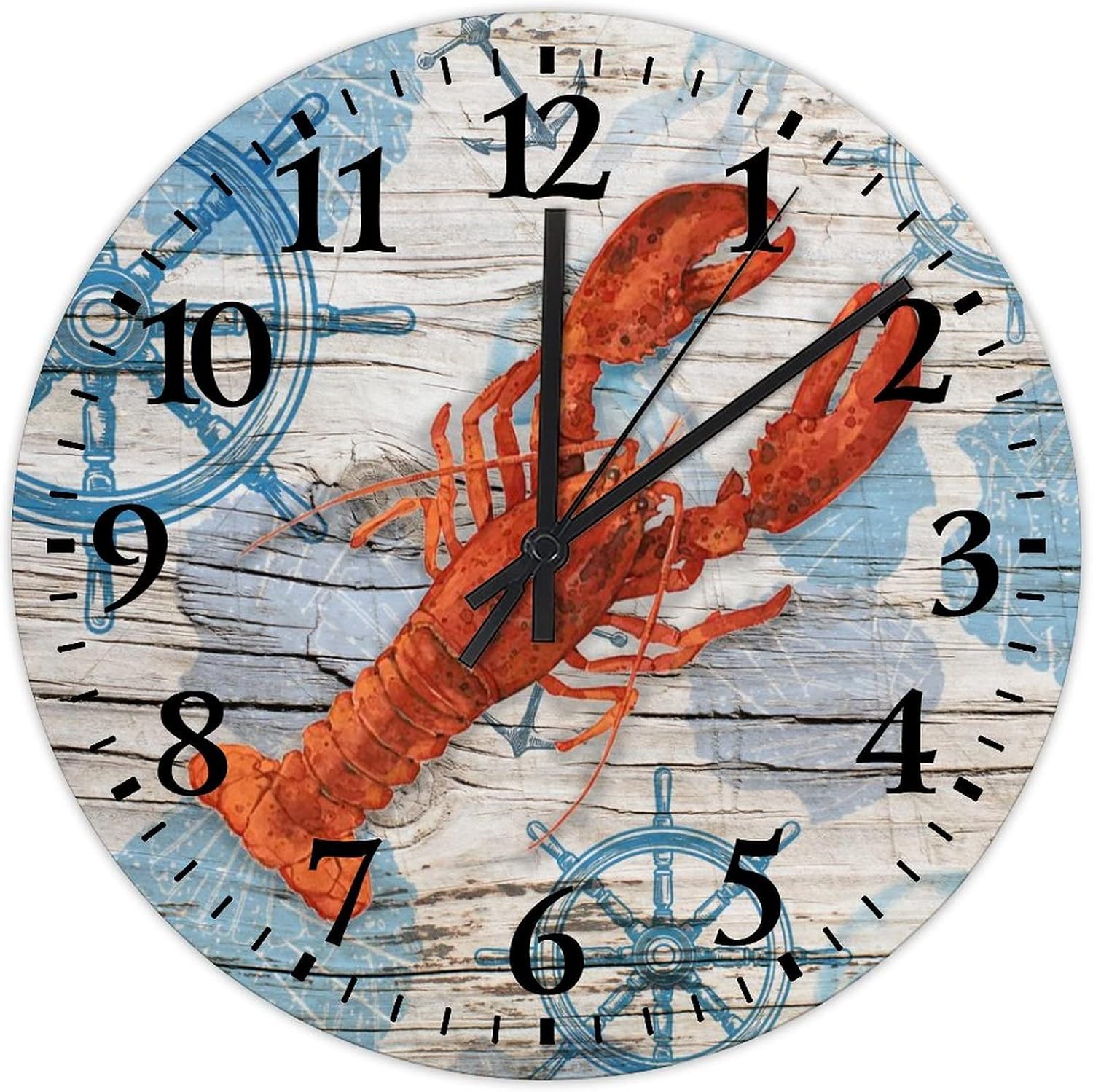 15 Inch Ocean Animal Lobster Wooden Clocks Quartz Non Ticking Funny Beach Bathroom Decor Cool Things for Your Room Arabic Numeral Round Clock for Living Room Kitchen Bedroom
