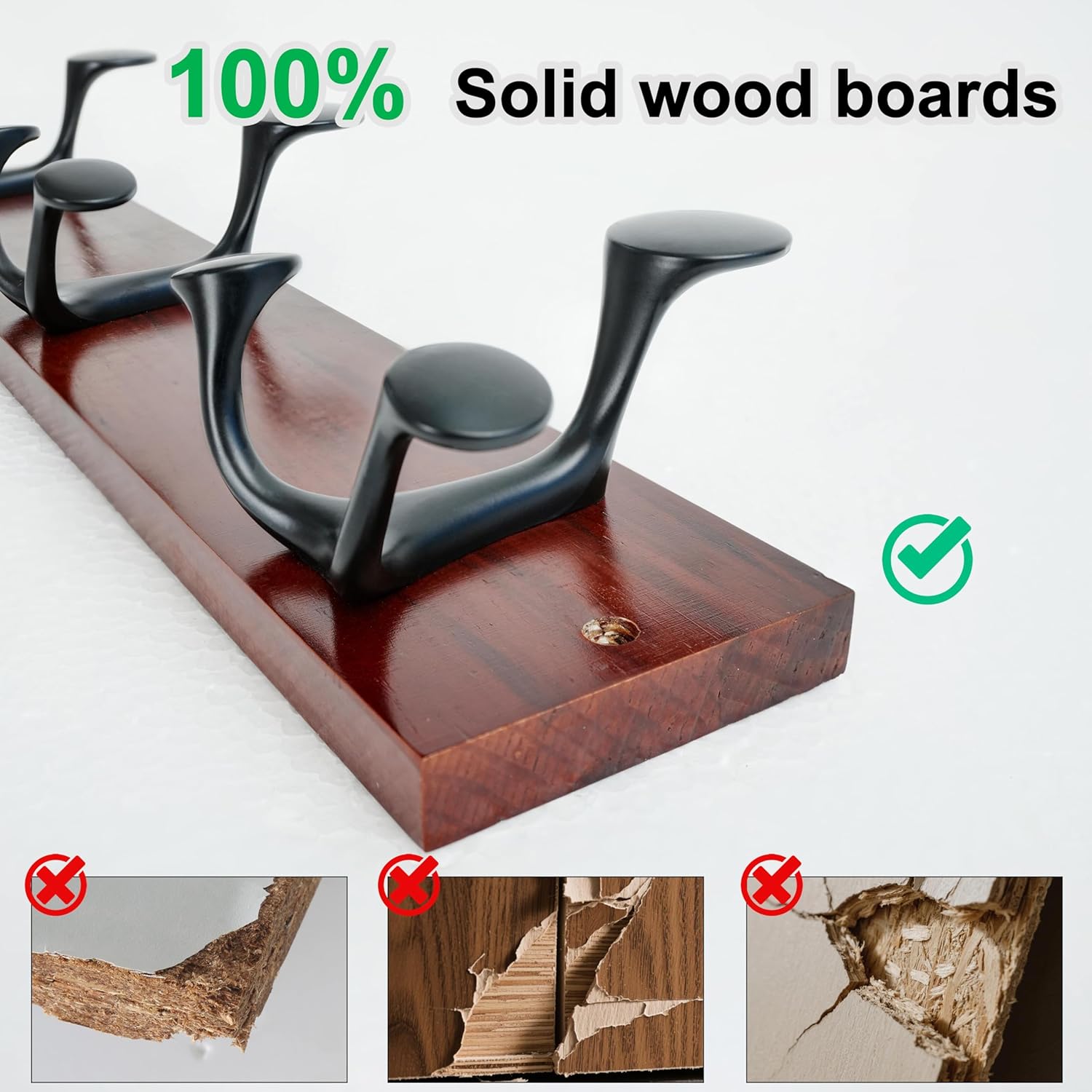 WEBI Coat Rack Wall Mount,24" Solid Wood Coat Hooks Wall Mounted Coat Hanger,16" Hole to Hole,Heavy Duty Hook Rack Rail,4 Triple Hooks for Hanging Coats,Jacket,Clothes,Hat,Backpack,Cherry