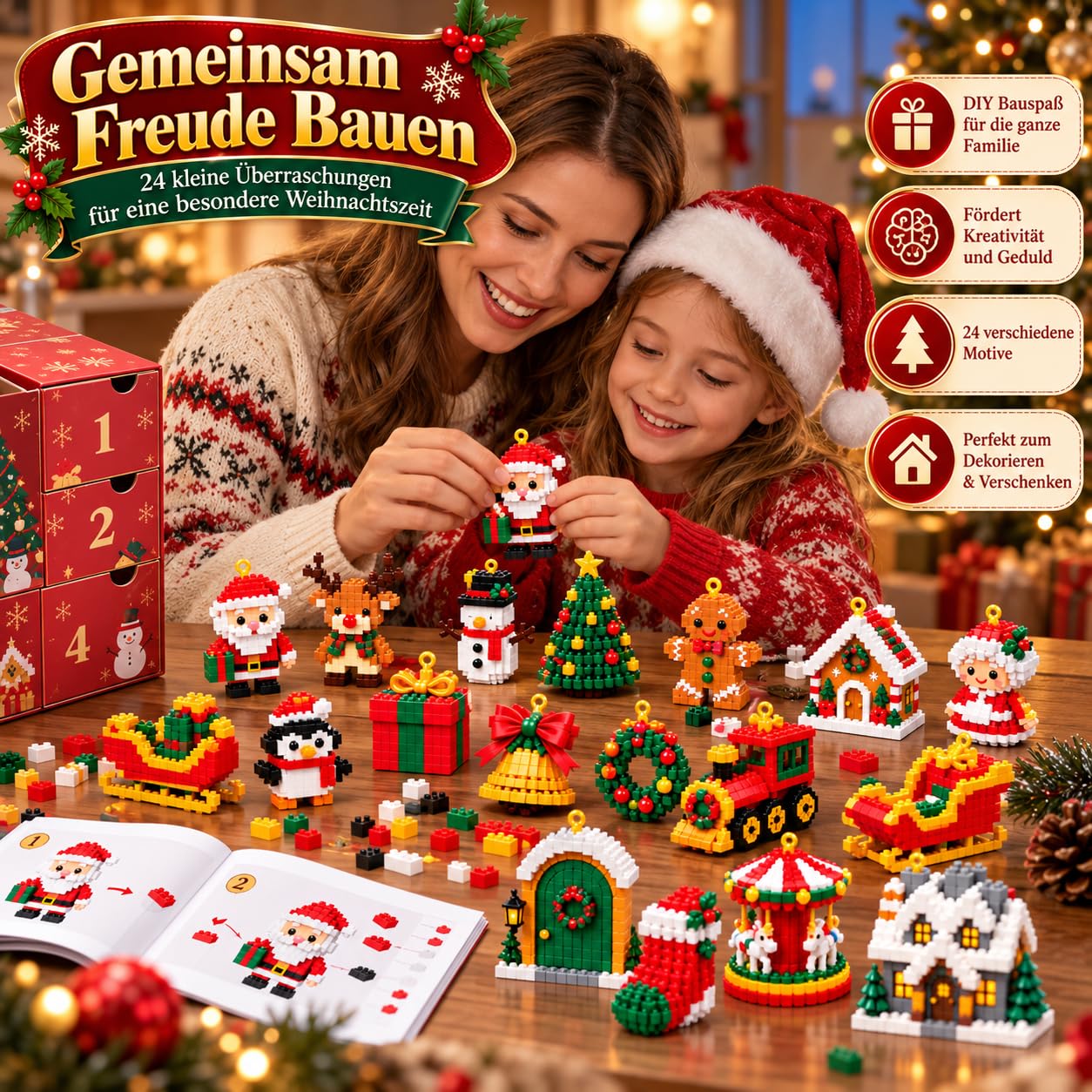Adventskalender 2026, 24 Mini Bausteine Weihnachtsanhänger zum Bauen