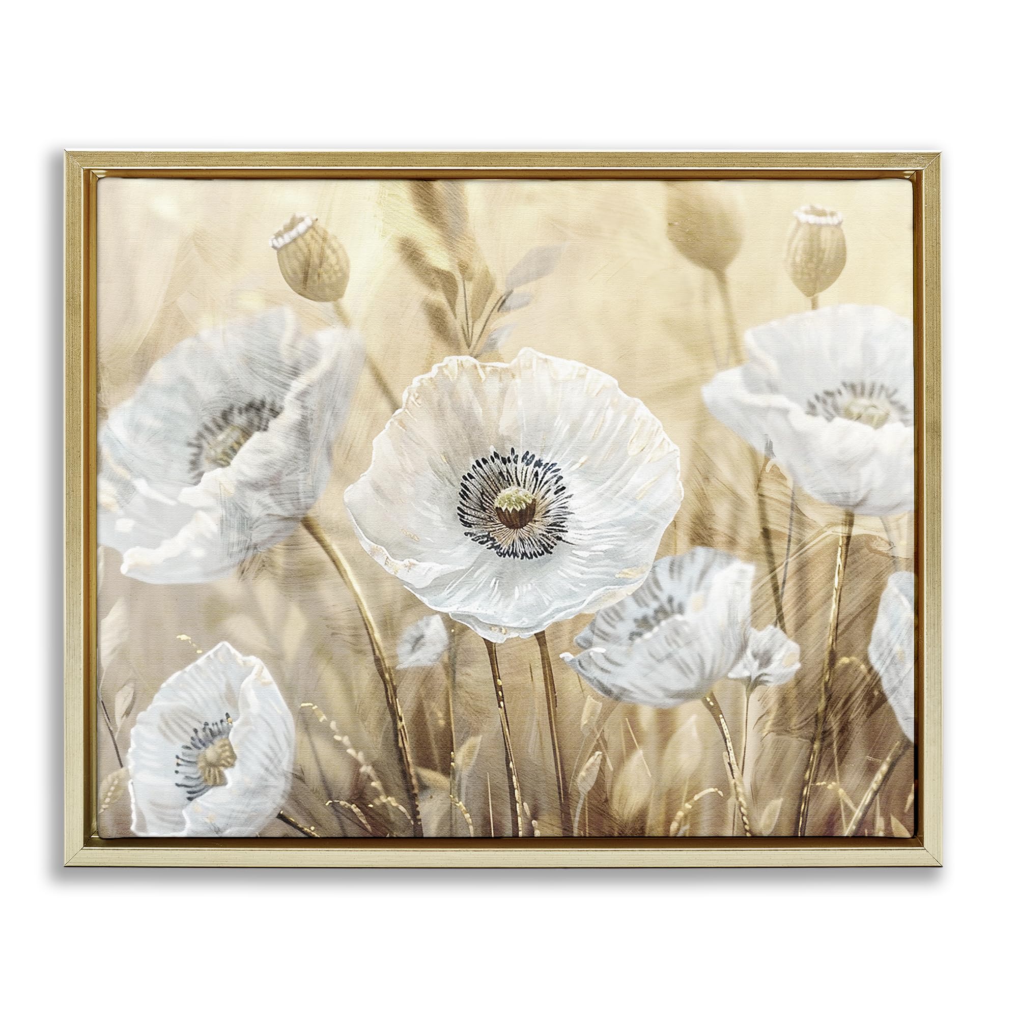 Stupell Industries Metallic Gold (Matte) 'White Poppies Beige Field', Floating Frame Canvas Art, Gold, 31 X 25 Inches, Easy To Hang And Sturdy, Made In Usa, By Kim Allen
