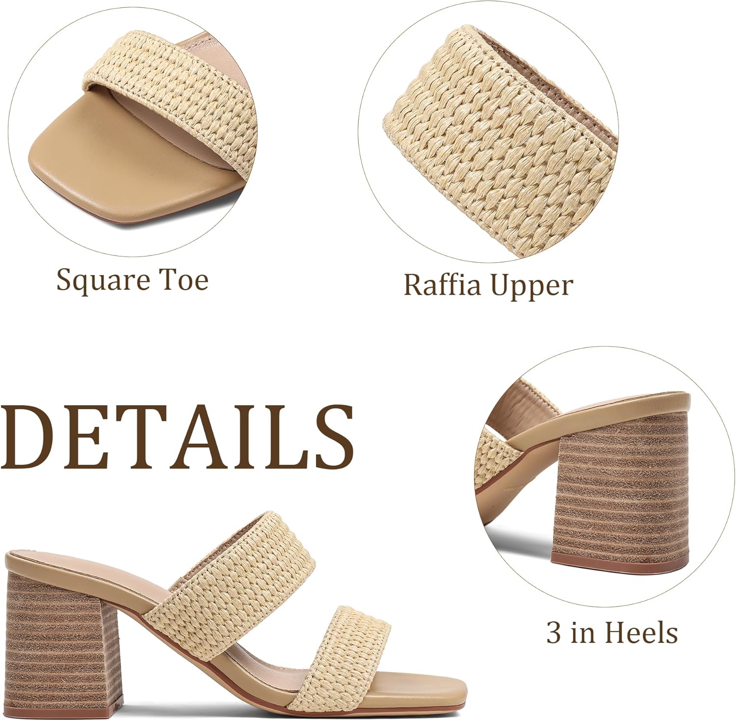 Ancomafio Heeled Sandals for Women Raffia Sandals 2025 Chunky Block Heels Square Open Toe Heels Double Strap Summer Dressy Shoes Slip On - Image 6