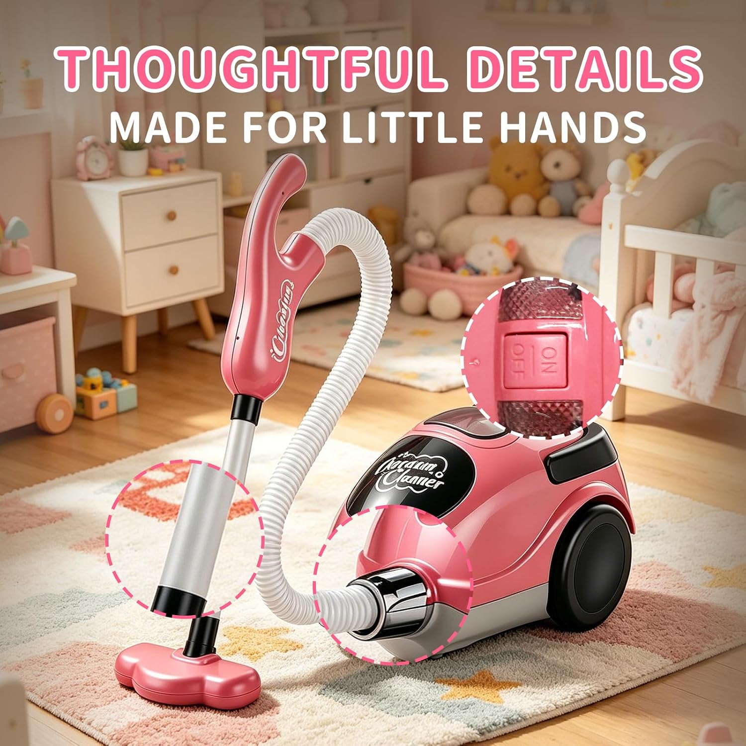Kids Vacuum Cleaner Toy, Canister Toy Vacuum for Ages 3+, Pretend Play Cleaning Toy with Hose, Rolling Wheels, Sound Effects & Light Suction, Gift for Boys Girls（RED） image 3