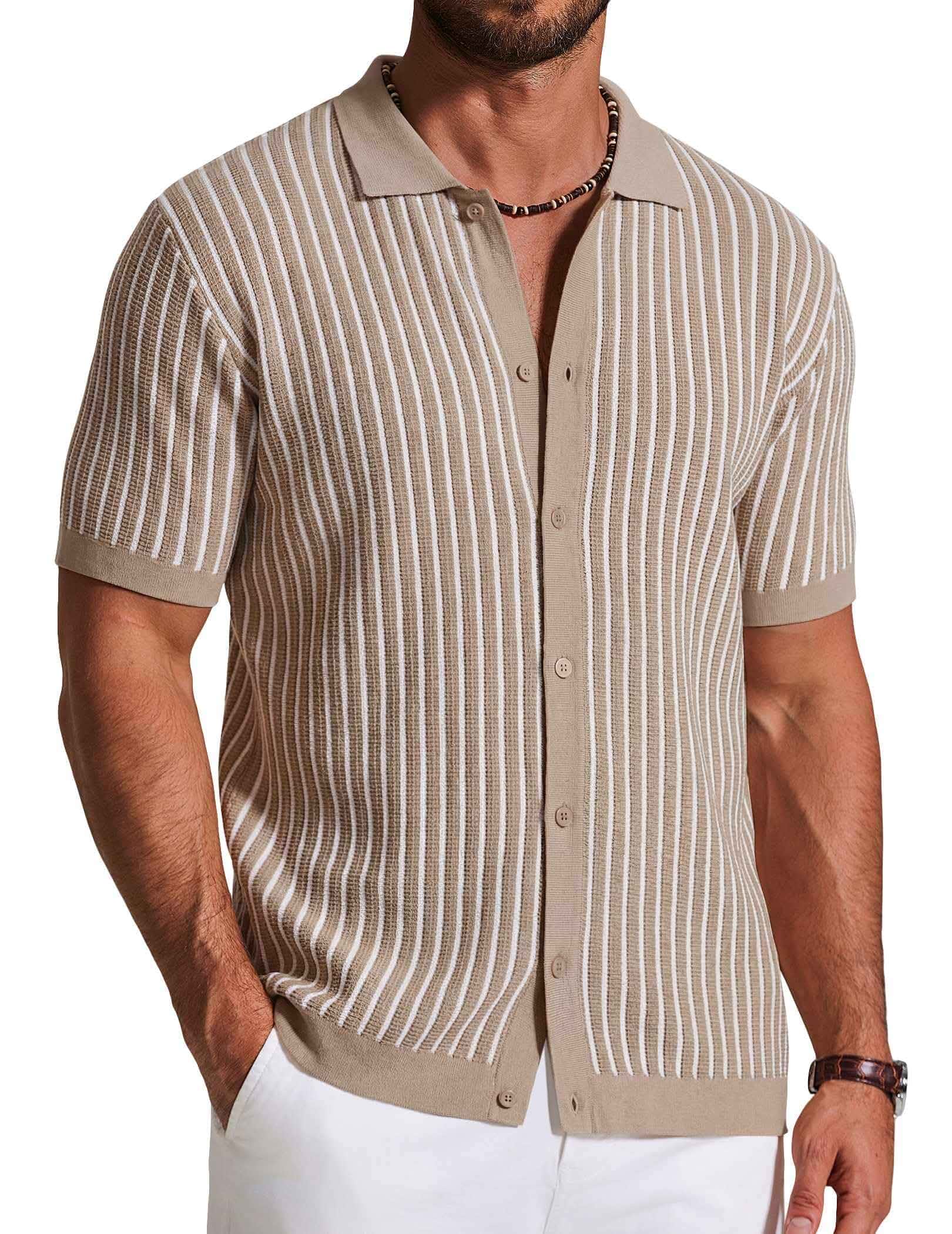 COOFANDY Mens Knit Button Down Shirts Short Sleeve Polo Shirt Vintage Striped Casual Shirts Striped