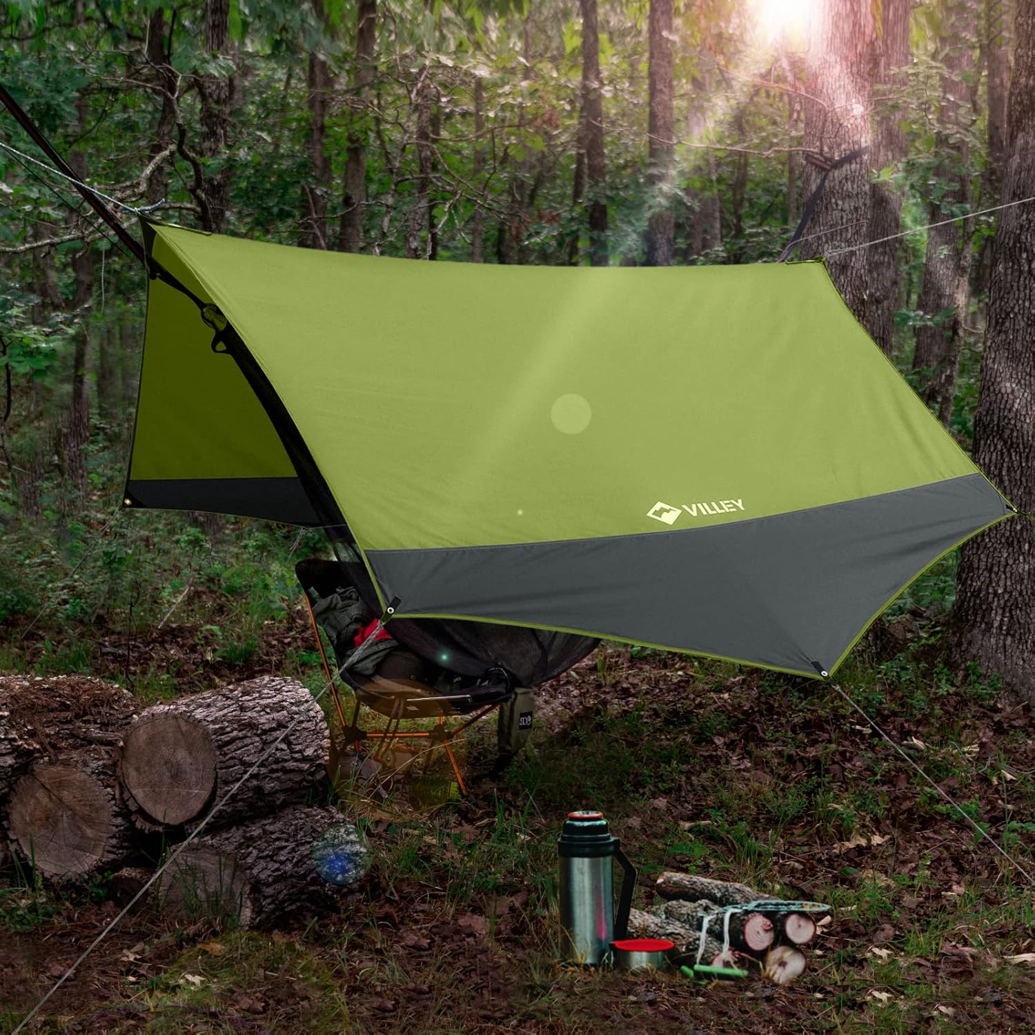VILLEY Camping Tarps for Tents, Portable Waterproof Hammock Rain Fly, Easy Set Up Camping Shelter Sunshade Canopy for Outdoor Fishing, Backpacking, Hiking, Survival Gear- Heptagonal, Green