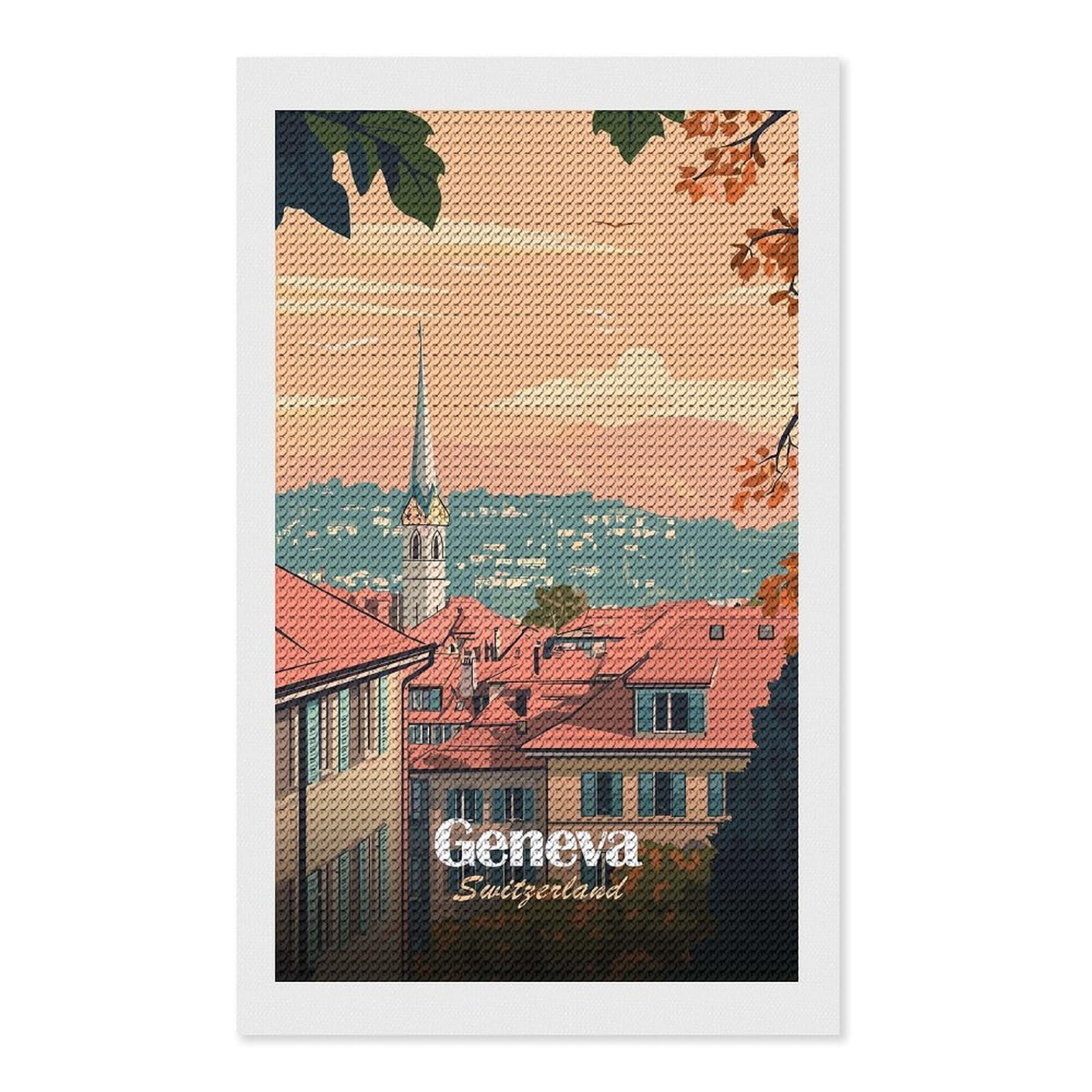 Junmoney Geneva Switzerland Cityscape Travel Diamond Painting Canvas Set 12"x20", Boho Decor, for Craft Lovers, Easy Handmade Project, Holiday Gift Idea