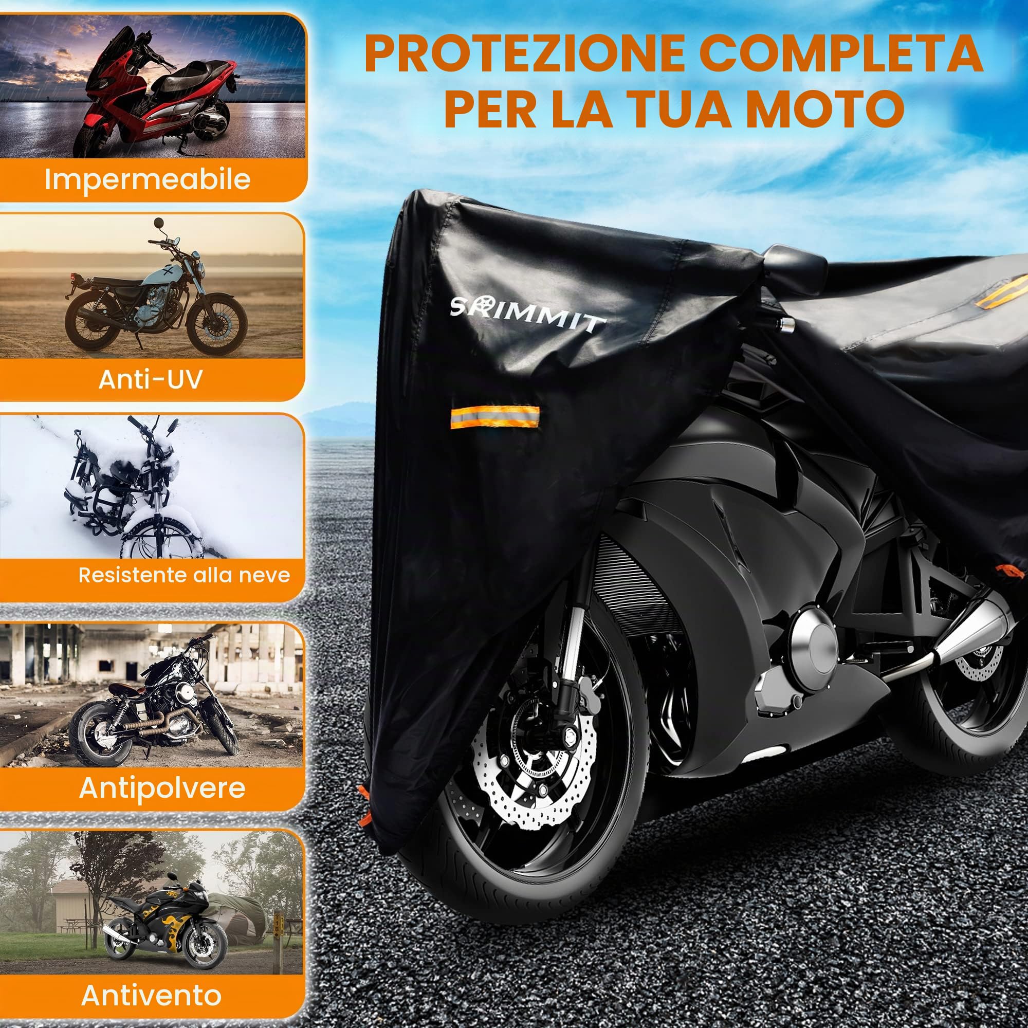 Telo Coprimoto Impermeabile per Esterno,Coprimoto Impermeabile in 420D,con Finestra Trasparente Per La Targa,4 Strisce Riflettenti, 3 Fibbie Antivento, 2 Fori Di Bloccaggio(4XL 270 X 95 X 140CM)