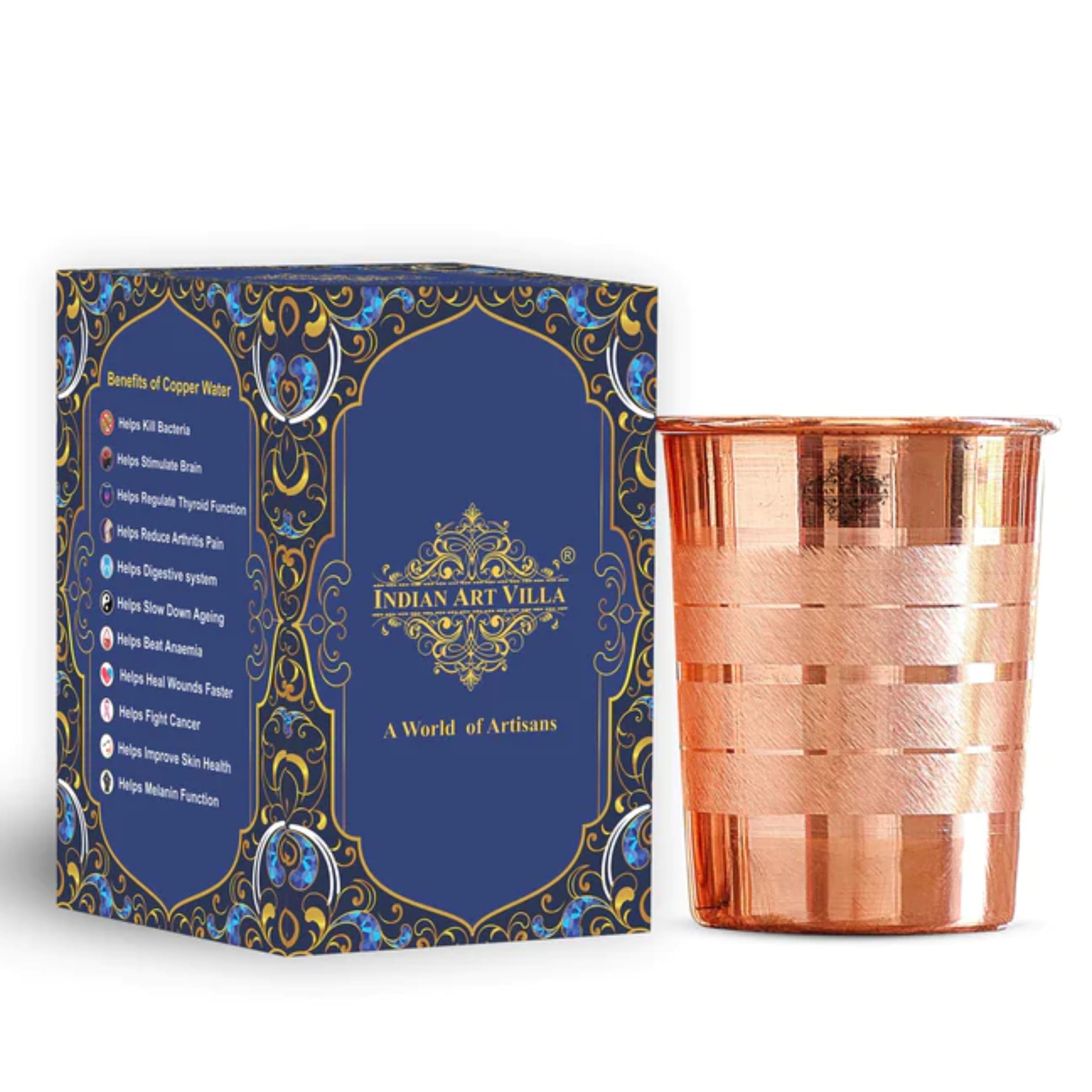 INDIAN ART VILLA Luxury Design Pure Copper Glass – 275 ML, Elegant Drinkware for Water, Ayurvedic Benefits, and Daily Use, Perfect for Home, Office, and Gifting