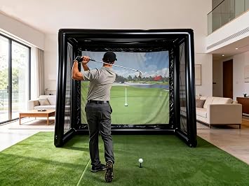 Inflatable Golf Simulator Net 5x11.48x9.19ft Simulator Enclosure with White Projection Screen, Electric Pump for Quick Installation, Indoor Winter Golf Training