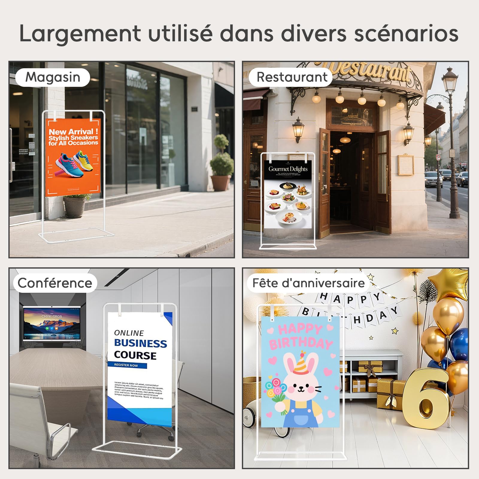 Support de panneau de mariage, 173x80x50cm, Support d'affiche de mariage réglable avec 4 sangles en cuir, adapté au plan de table, à la réception, aux affiches et à la décoration (Blanc)