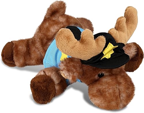 DolliBu Peluche de oficial de policía de alce mentiroso marrón, disfraz de policía de alce marrón suave con lindo uniforme de policía y traje de