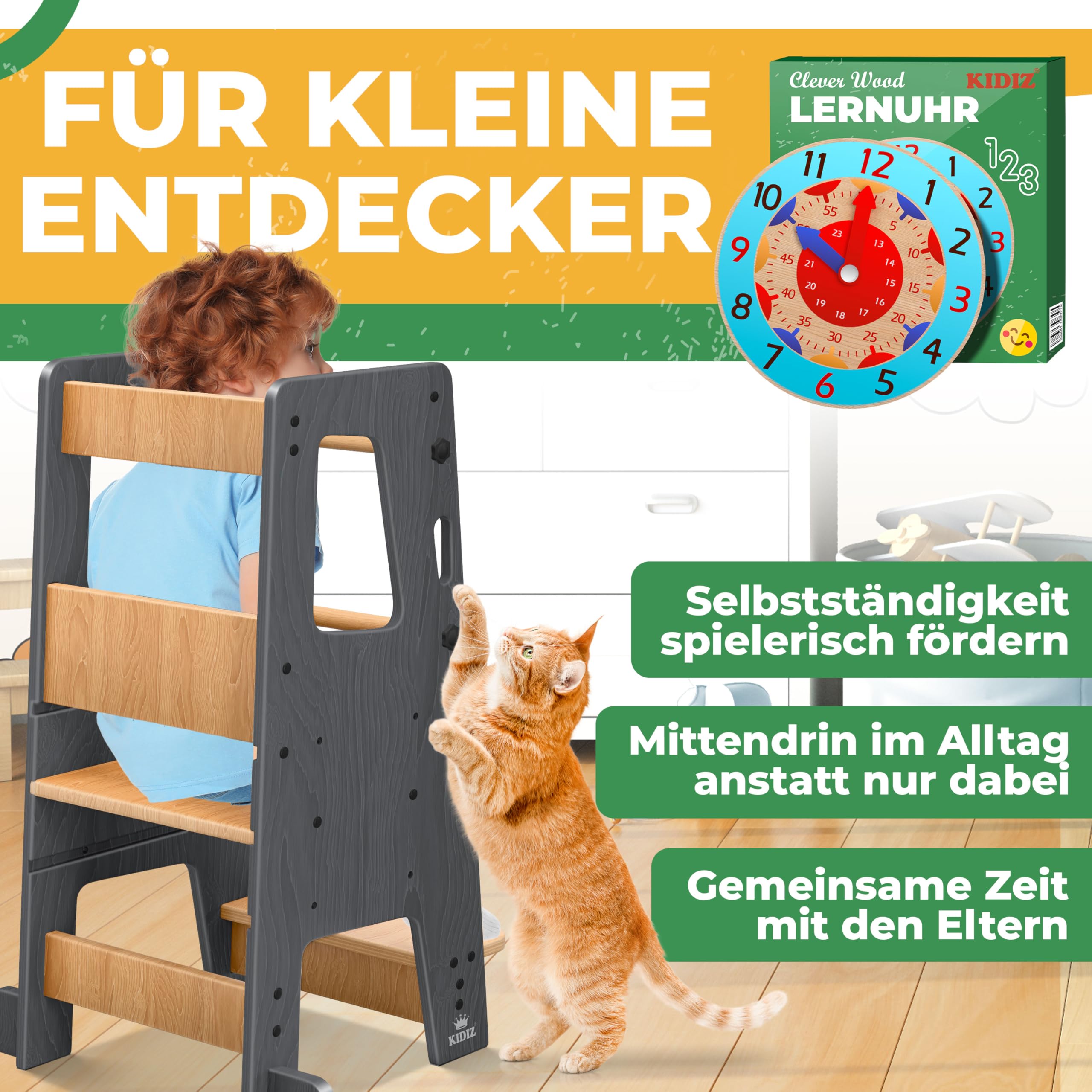KIDIZ® Lernturm für Kinder ab 1 Jahr inkl. Lernuhr | 3-stufig Höhenverstellbarer Tritthocker aus Kiefernholz | spielerisch motorische Fähigkeiten fördern Montessori Learning Tower bis 50 kg belastbar