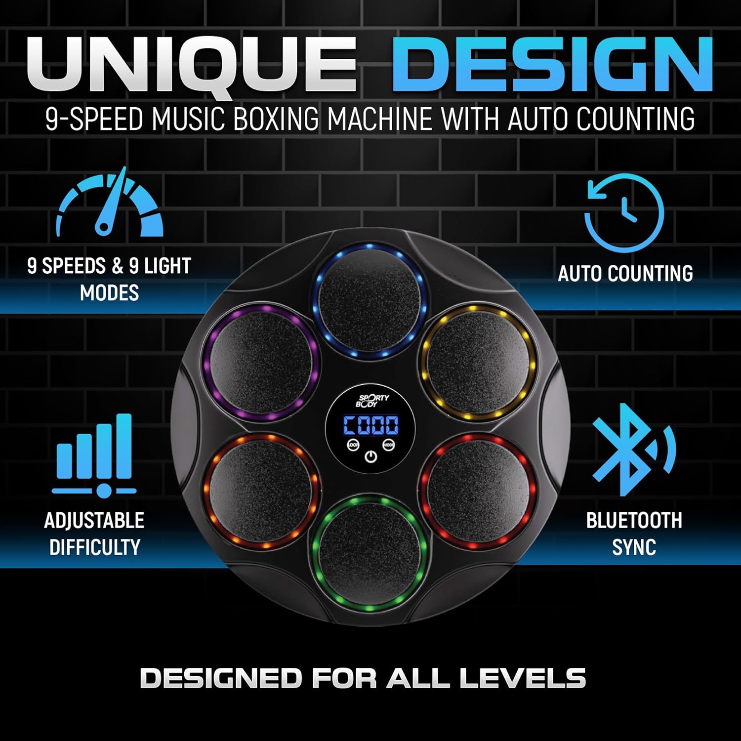 Music Boxing Beatbox Trainer by Sporty Body, 9 Speeds & 9 Light Modes, Bluetooth Sync, Auto Counting, and Durable ABS Body for Home Workouts, Supports 440lbs Punch Force, Wall Mounted Boxing Machine