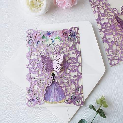 Miniatura 5 de KUCHYNEE 50 invitaciones de quinceañera cortadas con láser púrpura con purpurina de 5 x 7.3 pulgadas, invitación de bolsillo de mariposa floral