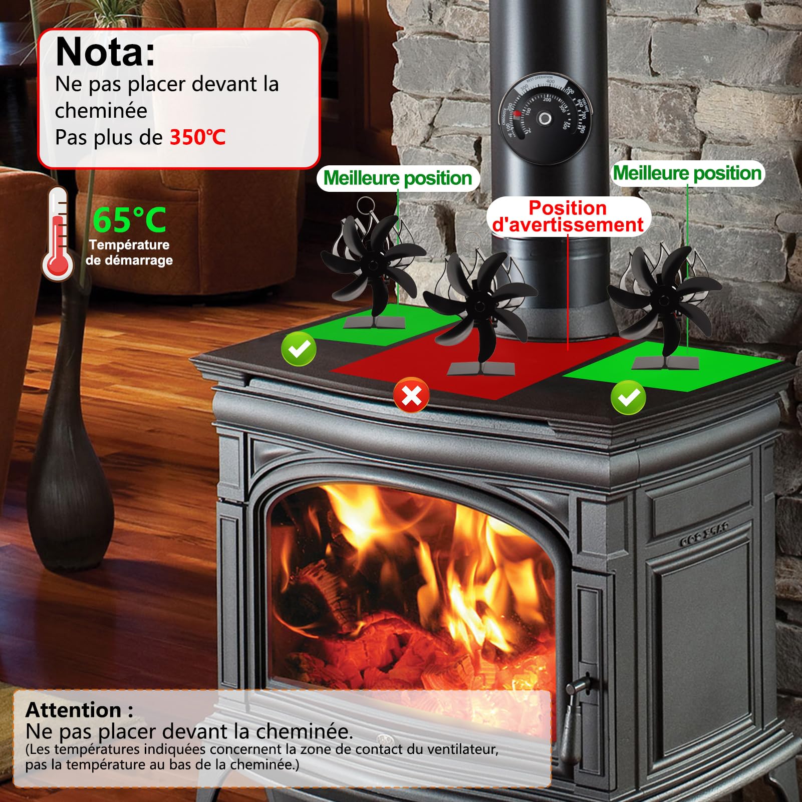 Nauotk Ventilateur Poele à Bois 7 Pages, Silencieux Ventilateur à Poêle avec Thermomètre, Écologique Alimenté Par la Chaleur, Ventilateur de Poêle pour Poele a Granulés,Foyer à Bois