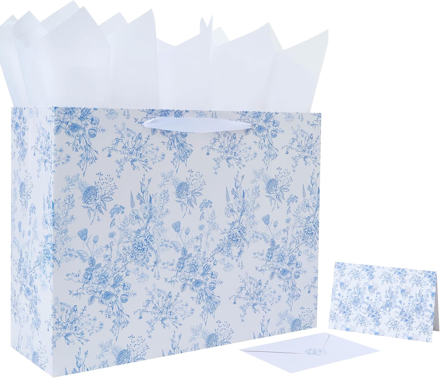 16.5" Extra Large Blue Floral Gift Bag Set with Handles, Greeting Card, White Tissue Papers and Stickers for Women Girls for Birthdays, Valentine's Day, Weddings, Anniversaries, Mother's Day, Flowers Design, 1 Pcs