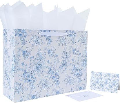 16.5" Extra Large Blue Floral Gift Bag Set with Handles, Greeting Card, White Tissue Papers and Stickers for Women Girls for Birthdays, Valentines Day, Weddings, Anniversaries, Mothers Day, Flowers Design, 1 Pcs