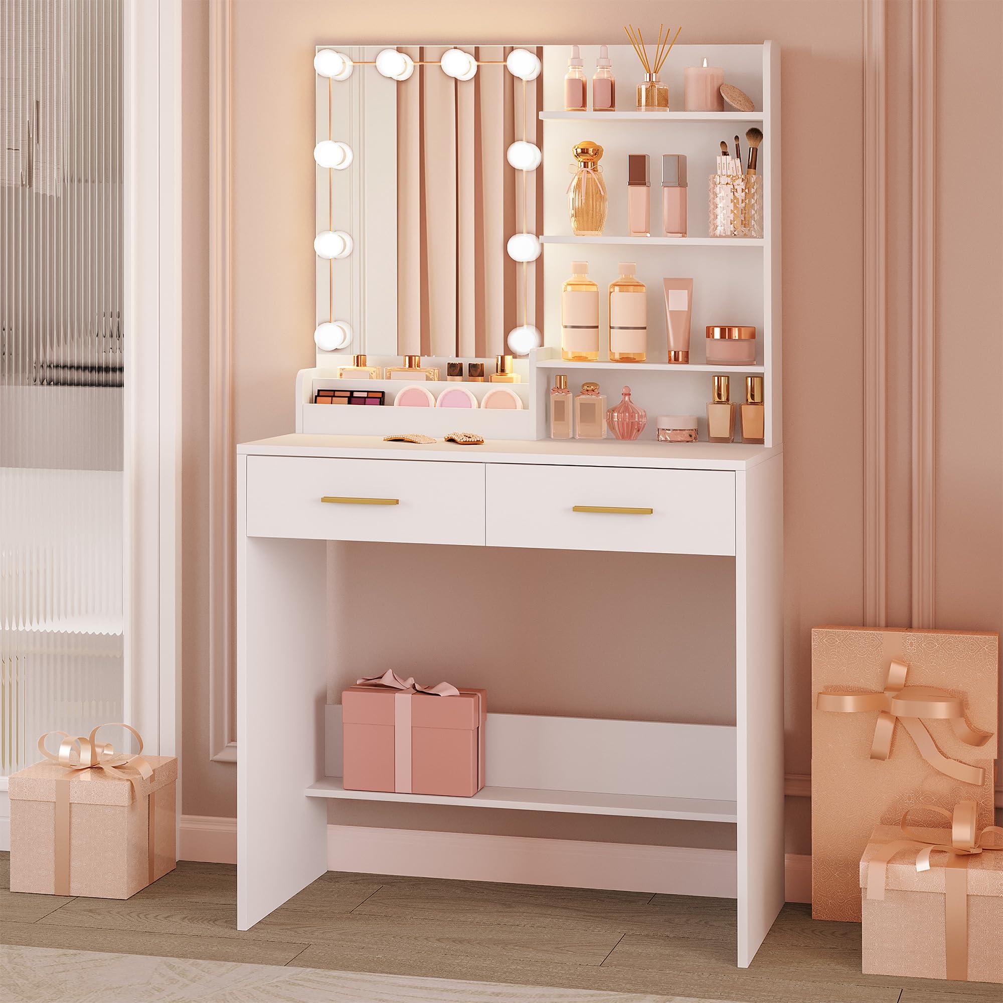 Hzuaneri Dressing Table with Mirror and Light, Makeup Table with Large Mirror, Makeup Vanity with 4 Open Shelves and 2 Compartments, 2 Drawers, for Bedroom, Living Room, White DT39203X