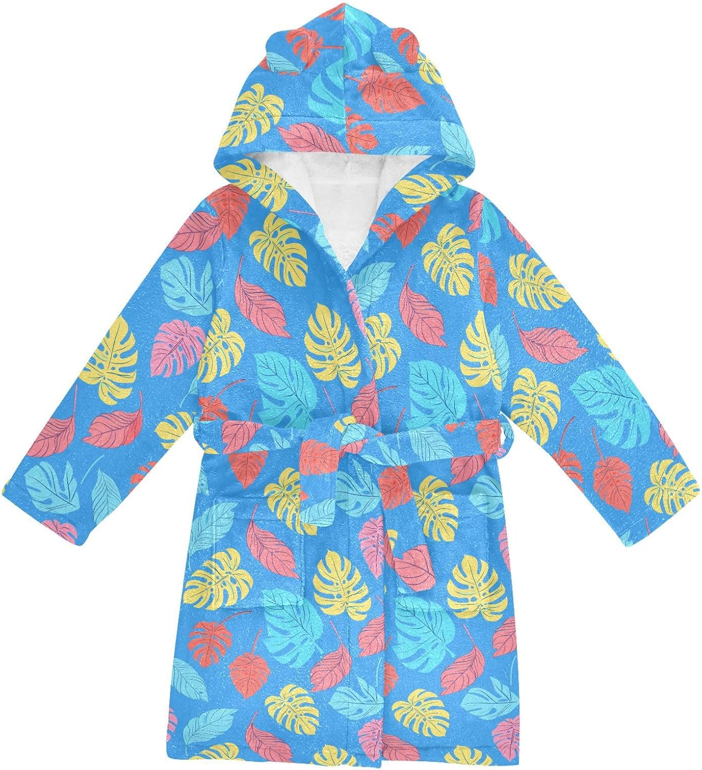 senya Leaf Cartoon Color Toddler Hooded Bathrobe Kids Soft Plush Bath Towel Robes for Boys Girls 2-12 Years