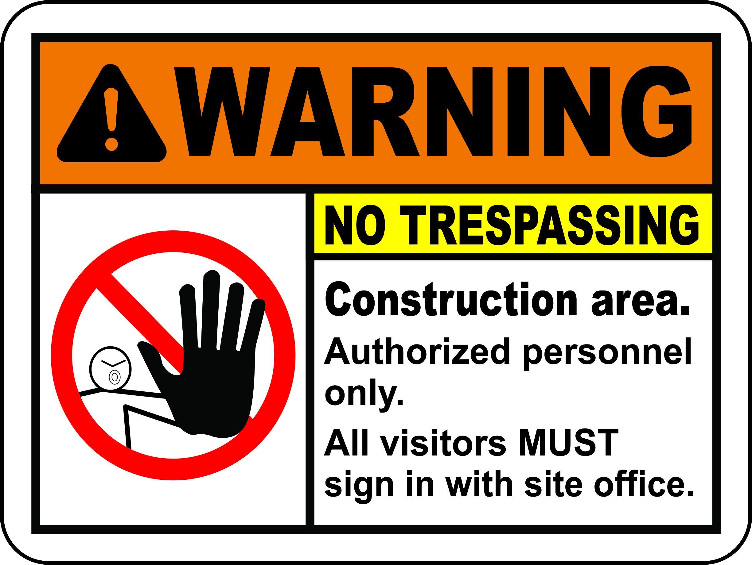 INDIGOS UG - Pegatinas - Seguridad - Advertencia - Construction Area No Trespassing Sign 254mmx177mm - Decal for Office - Oficina - Empresa - Escuela