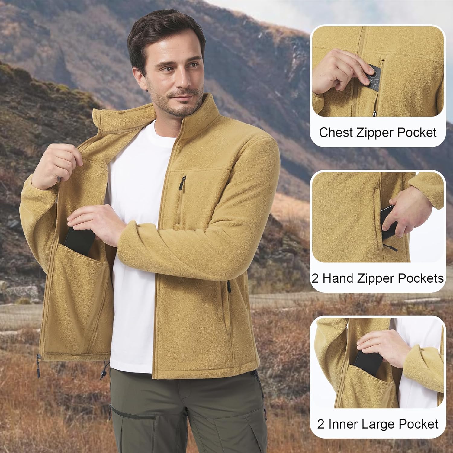 Men's Fleece Jacket Full Zip Lightweight Outerwear Jackets Multi-Pockets Soft Warm Winter Coats for Hiking Travel - Image 5