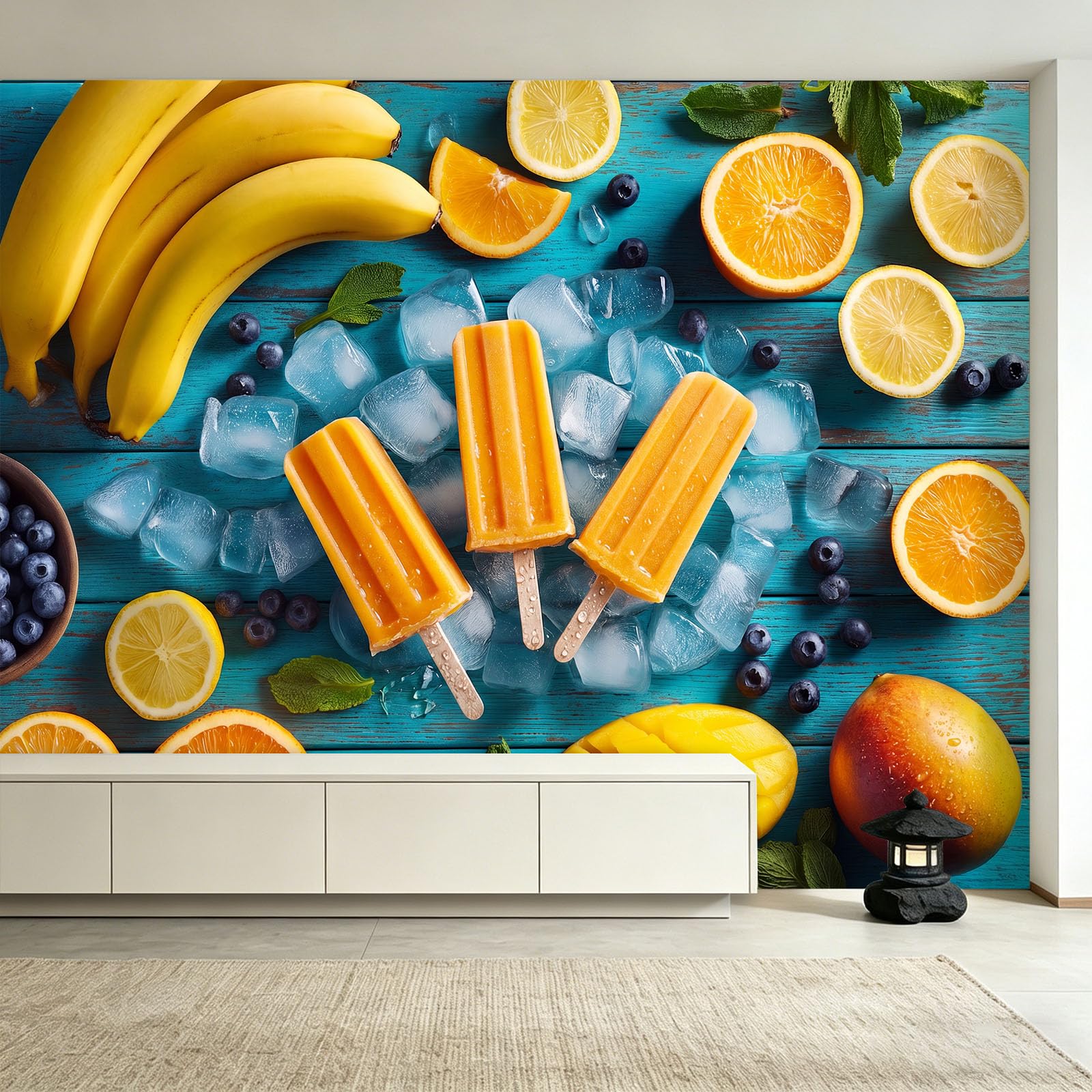 Carta da parati fotografica arancione ghiacciolo tavolo in legno, 400 x 280 cm (larghezza x altezza), carta da parati fotografica estiva, decorazione da parete per soggiorno, camera da letto e cucina
