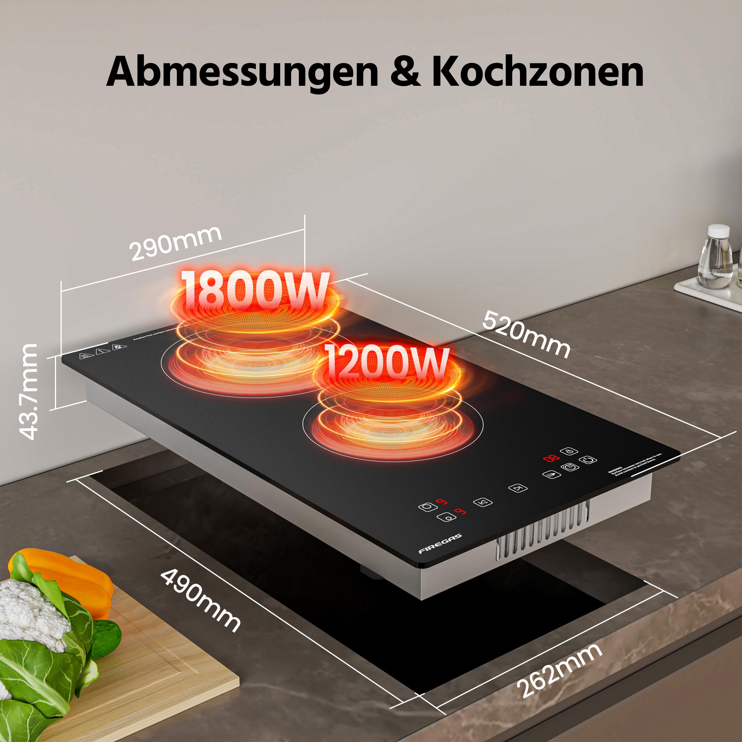 FIREGAS Domino Glaskeramikkochfeld 3000W 9 Leistungsstufen Sensor-Touch-Steuerung Kindersicherung Timer 2 Platten