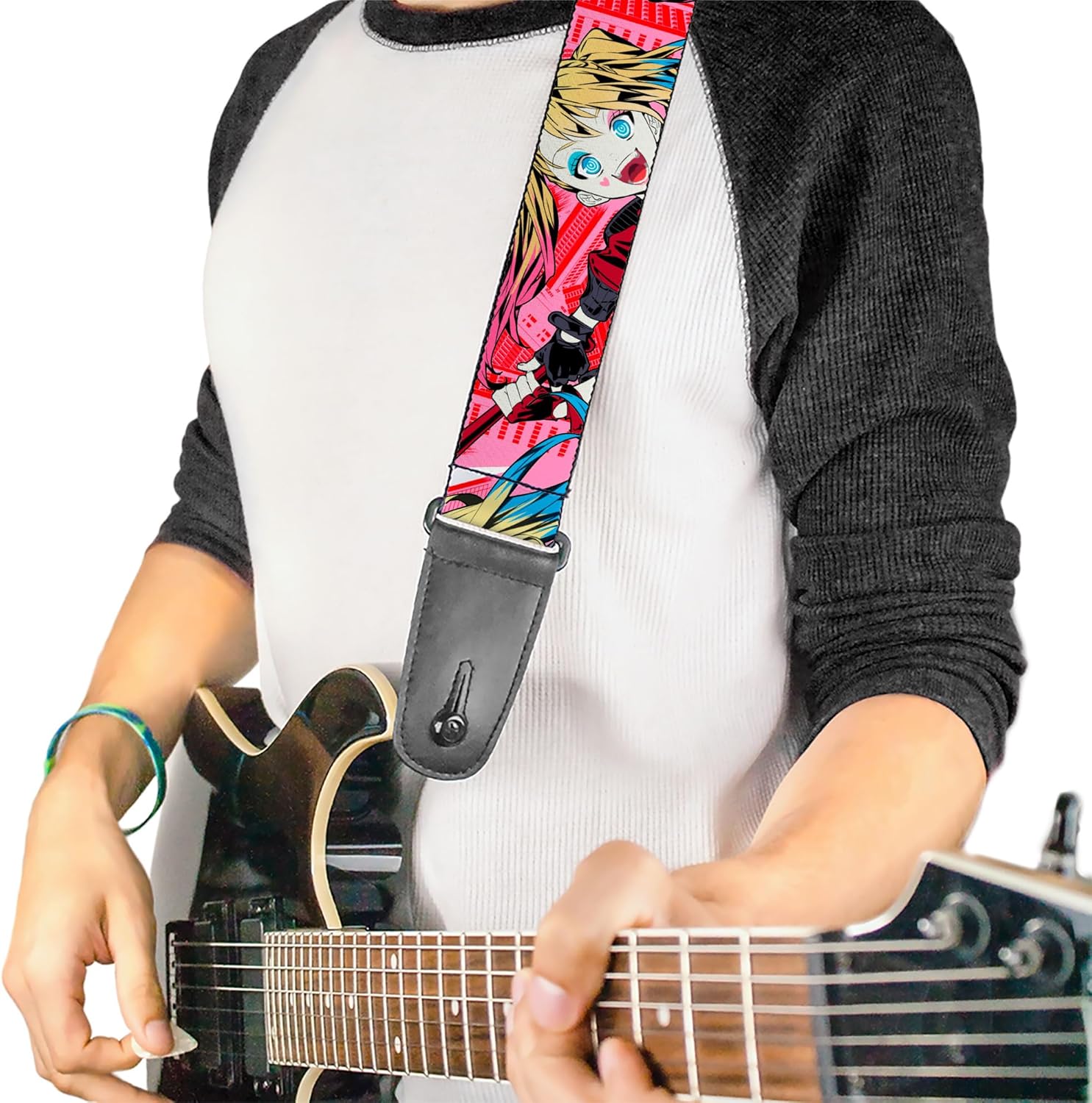 Buckle-Down DC Comics Guitar Strap, Harley Quinn Puddin Poses Anime Graphics Pink Red, 2 Inches Wide