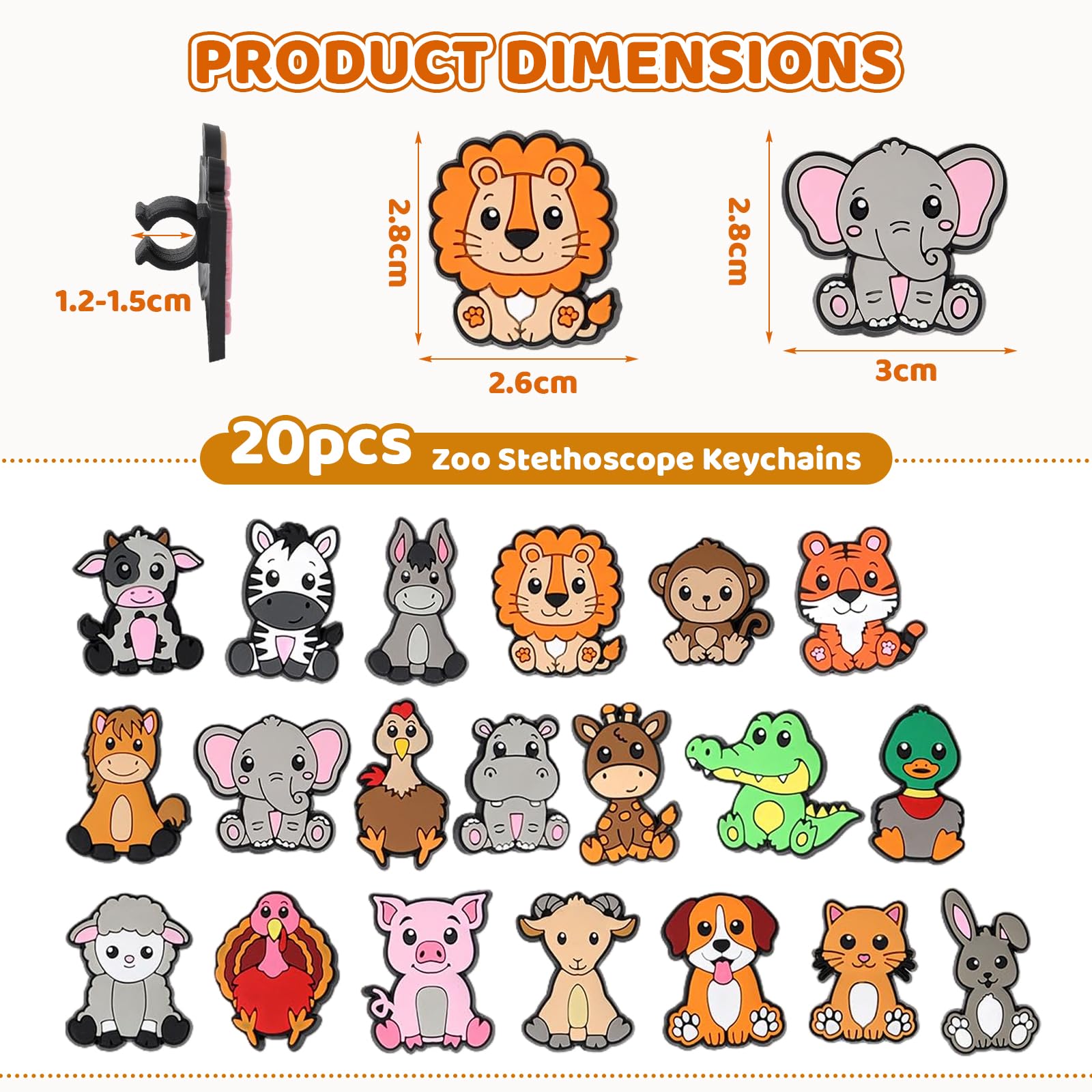 Zoo Animals, stetoskop, zawieszka dla pielęgniarek, 20 sztuk, urocze, medyczne, zwierzęta, plastikowe akcesoria dekoracyjne, prezent dla pediatrów i weterynarzy