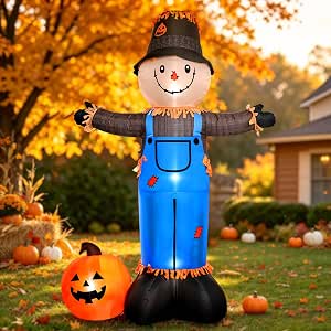 8 ft Inflatable Scarecrow with Pumpkin and LED Lights