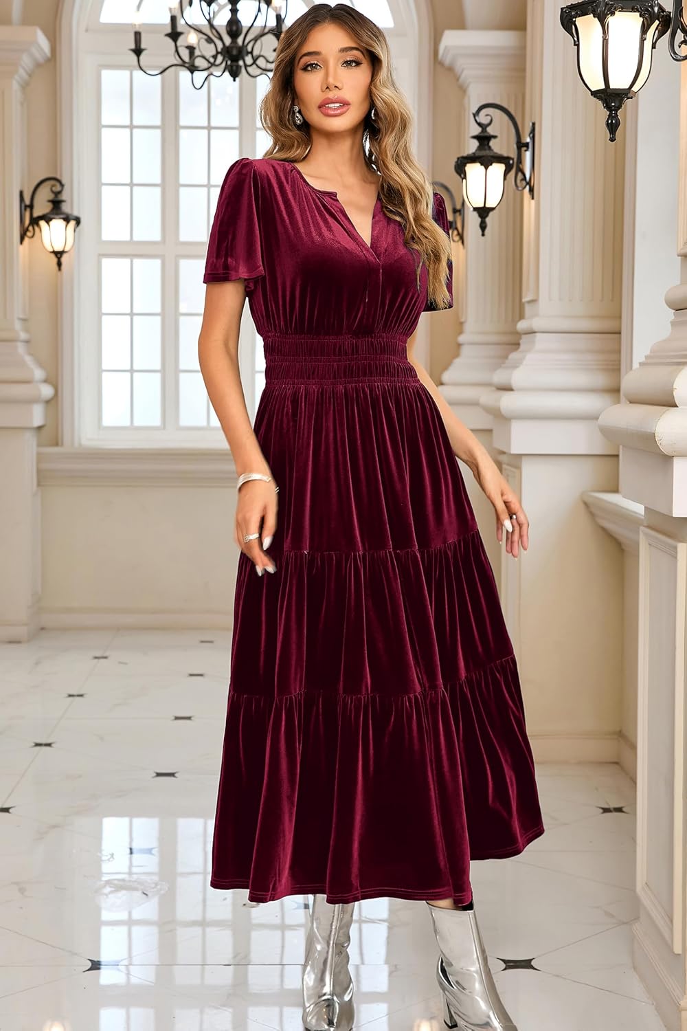R.Vivimos Women's Fall Winter Vintage Velvet Dress Short Sleeve V Neck Elastic Waist Tiered Ruffle A-Line Flowy Maxi Dress - Image 2