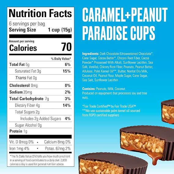 SkinnyDipped Caramel Peanut Paradise Cups, 2g Sugar per Cup, Gluten Free, Low Carb Snack, 3.2oz Resealable Bags, 6 Count (Pack of 4)