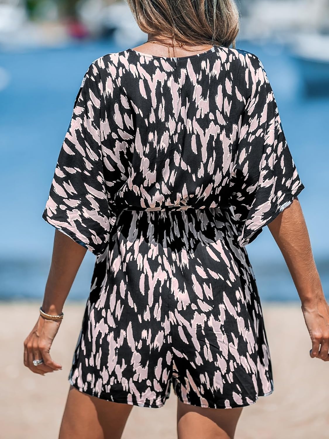 CUPSHE Women's Summer Romper Lace Up Printed Half Sleeves Casual Wide leg Vacation Outfit Mini One Piece Jumpsuit - Image 3