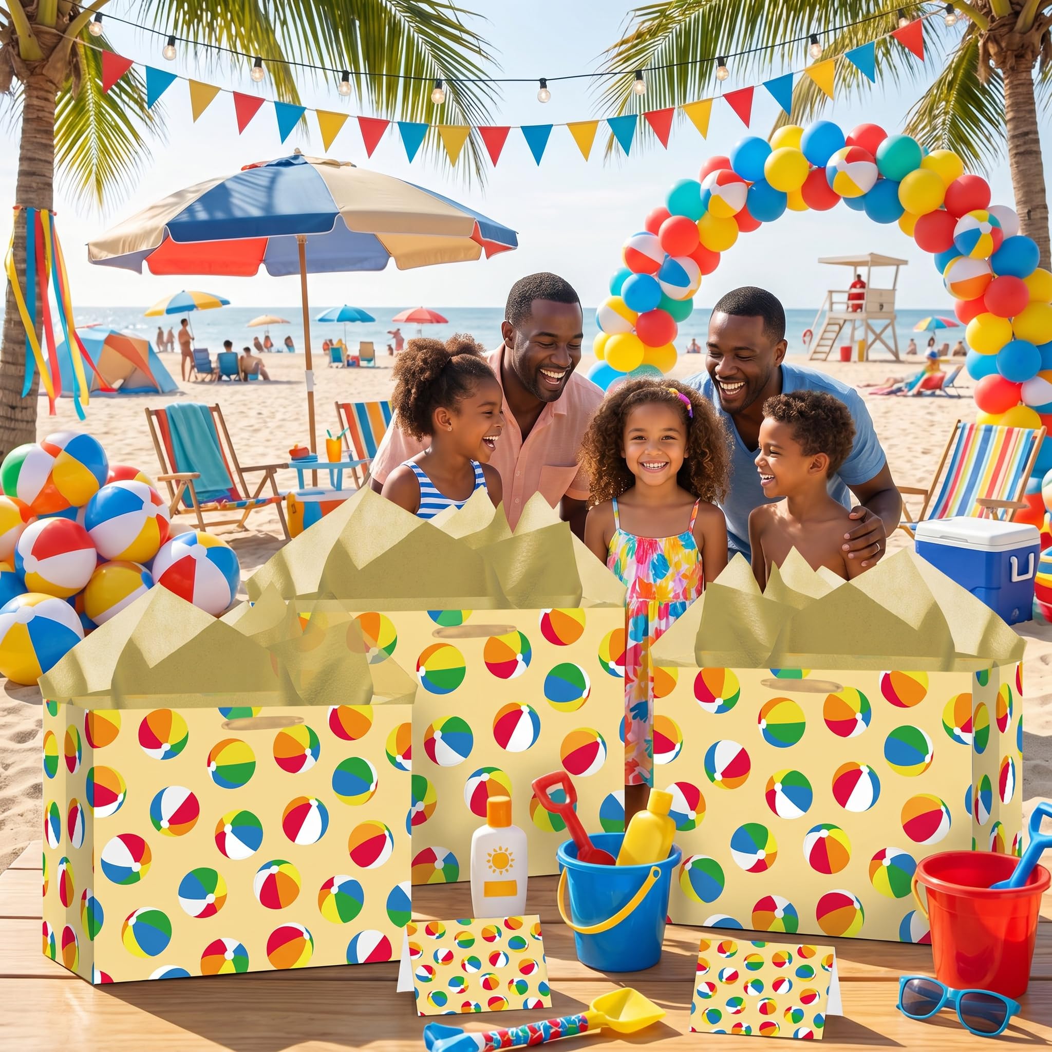Woosytoo Beach Ball Gift Bag with Tissue Paper and Card - Colorful Summer Pool Party Gift Wrapping Bag - Hawaiian Luau Theme Birthday Present Sack for Kids Boys Girls Women Men