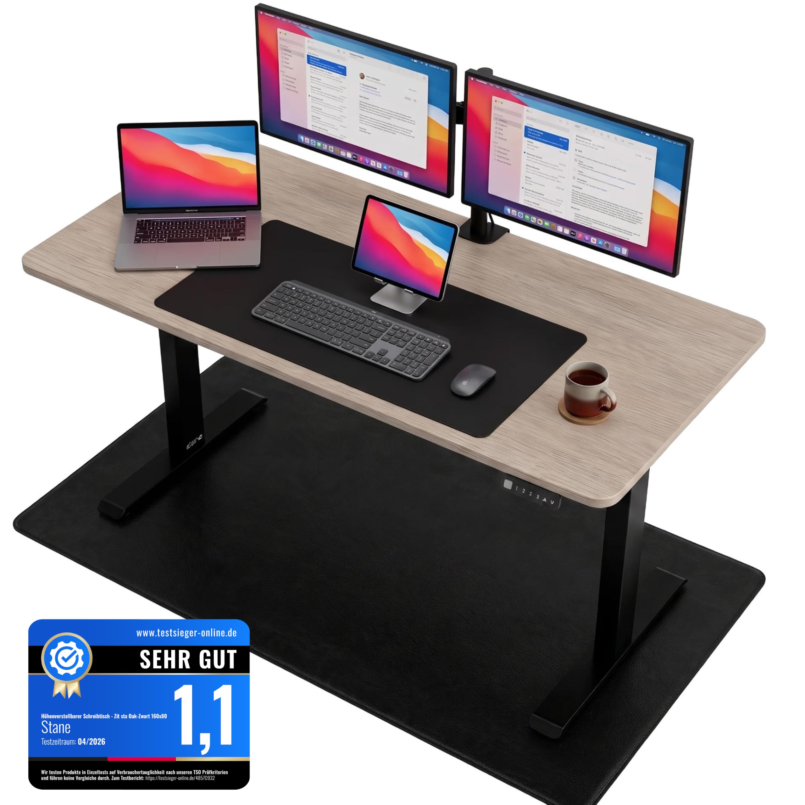 Stane Höhenverstellbarer Schreibtisch 160x80 – Elektrischer Bürotisch als Stehpult [4 Positionen] – Computertisch ideal für Homeoffice und Büro [Kabelkanal] – Eiche Schwarzes