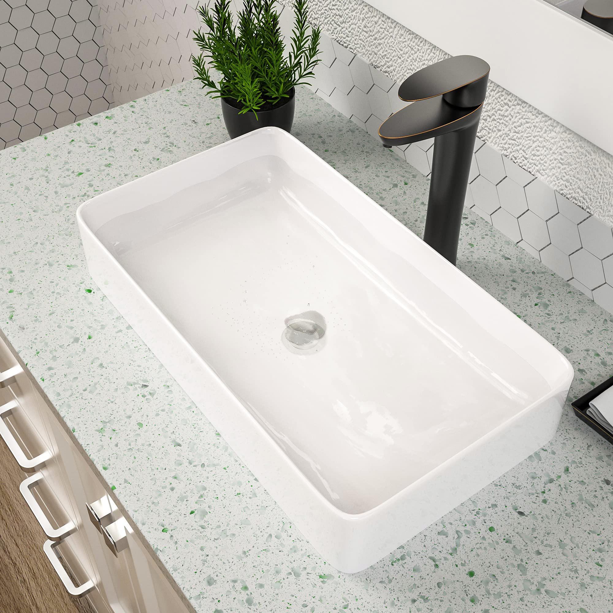 Vessel Sink Rectangular, Dcolora 24"x14" White Vessel Sink Ceramic Porcelain Rectangle Bathroom Vessel Sink Above Counter Vanity Sink Basin