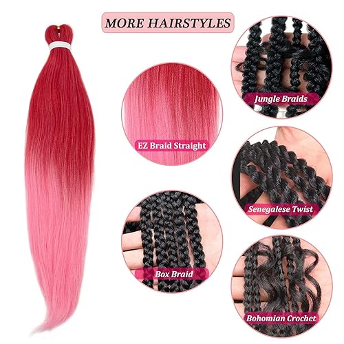 Miniatura 3 de Extensiones de cabello trenzado preestirado color rojo y rosa ombré, extensiones de cabello trenzado para trenzas, textura Yaki, trenzas de caja de