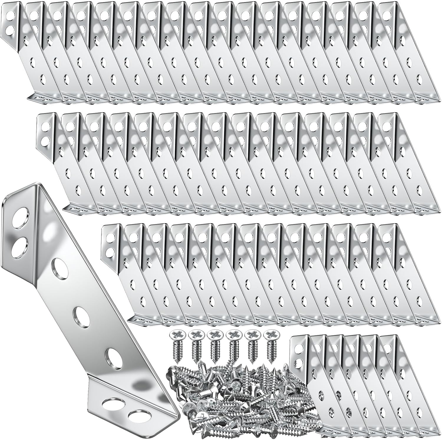 HNYYZL 50-Piece Universal Stainless Steel Furniture Corner Connector Kit – Includes Angle Corner Brackets and 220Pcs Screws for Shelves, Wood Furniture, and Cabinets