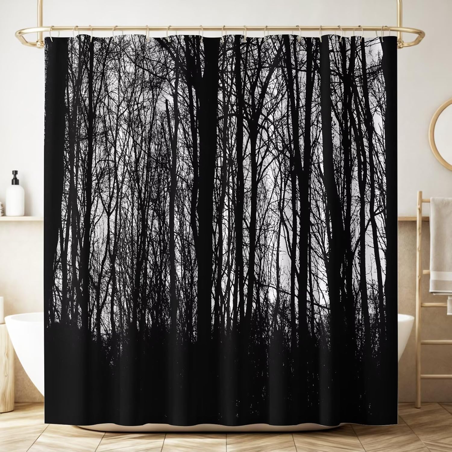 Gothic Fog Forest Shower Curtain Halloween Black Crow Withered Branches Creepy Jungle Dark Waterproof Fabric Bathroom Curtains Home Privacy Bath Decor with Hooks 66x72Inch（168x183cm）