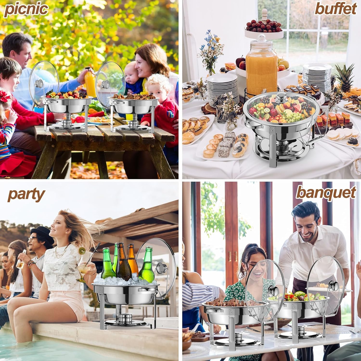 Set di 2 scaldavivande per buffet, in acciaio inox, 4.5 L Chafing Dish Buffet Rotondo Scaldavivande Rotondo in Acciaio Inox Contenitore,con Coperchi Pentole per Servire per Catering Ristoranti Feste
