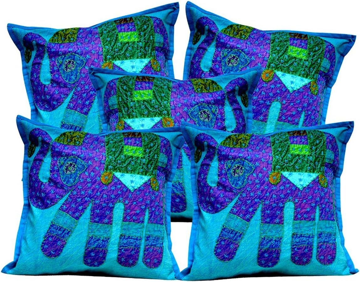 Sophia Art by Indian Handmade Elephant Cushion Cover 16 X 16 Inches Set of 5 Pcs (Turqoise)