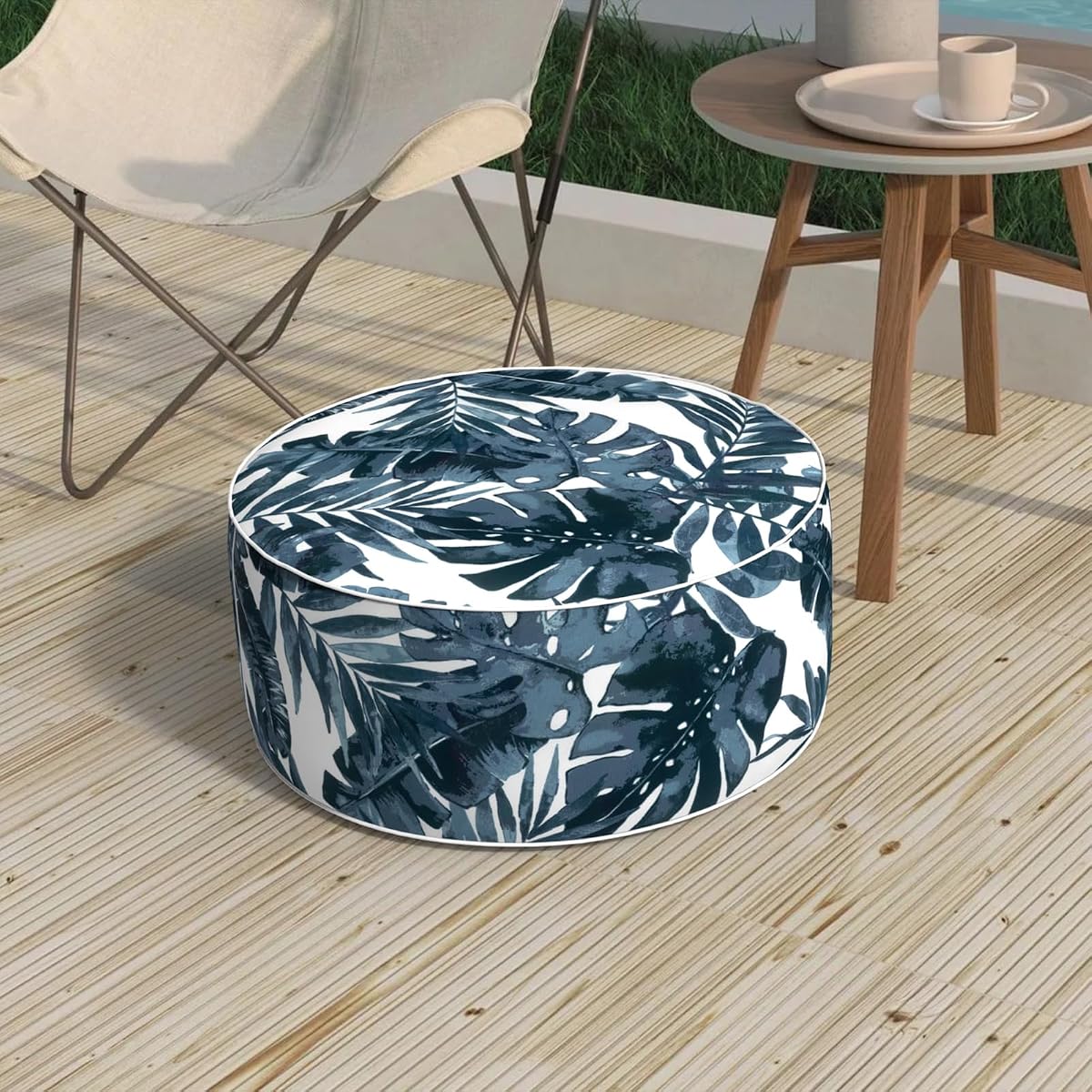 Inflatable Stool Ottoman, Footrest Ottoman with Handle, Outdoor or Indoor Round Portable Stool for Patio Home Decoration, 21x9 Inch, Palm Blue