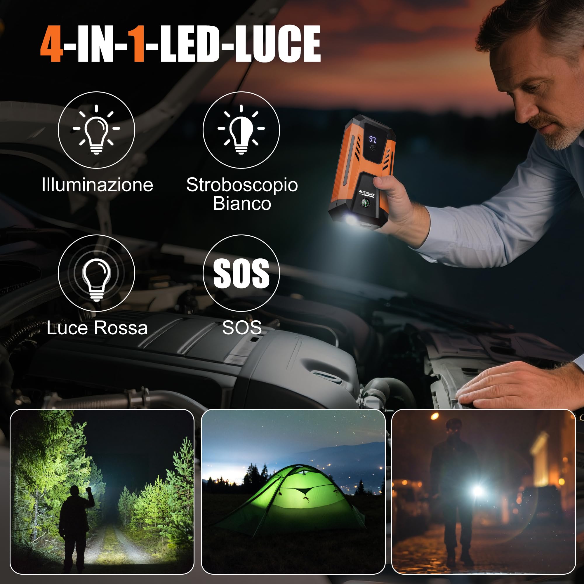 Booster Avviamento Auto 3000A 26640mWh,Ricarica Rapida 20W,12V Avviatore Batteria Auto Portatile (per Gas or Diesel), Starter Batteria con Schermo e Torcia LED a 4 Modalità