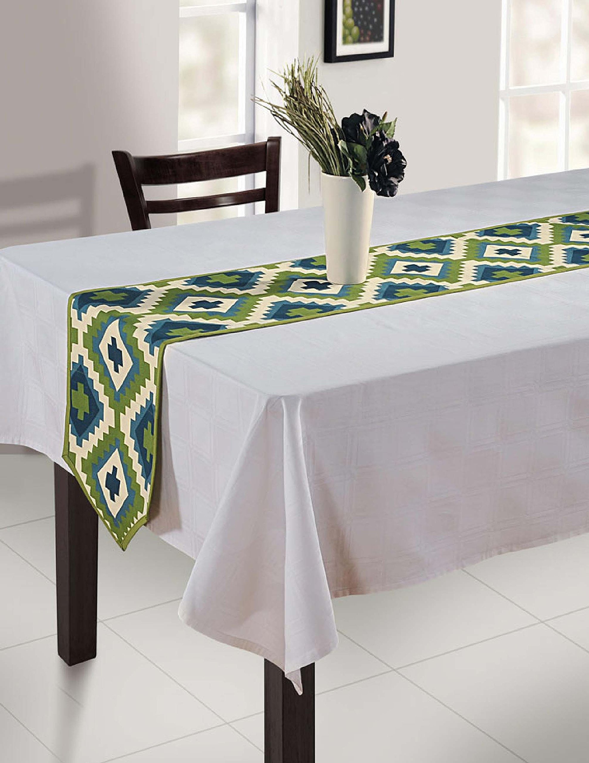 Shalinindia Indian Duck Cotton Table Runner, 13 X 60 Inches, Blue & White Geometric Print