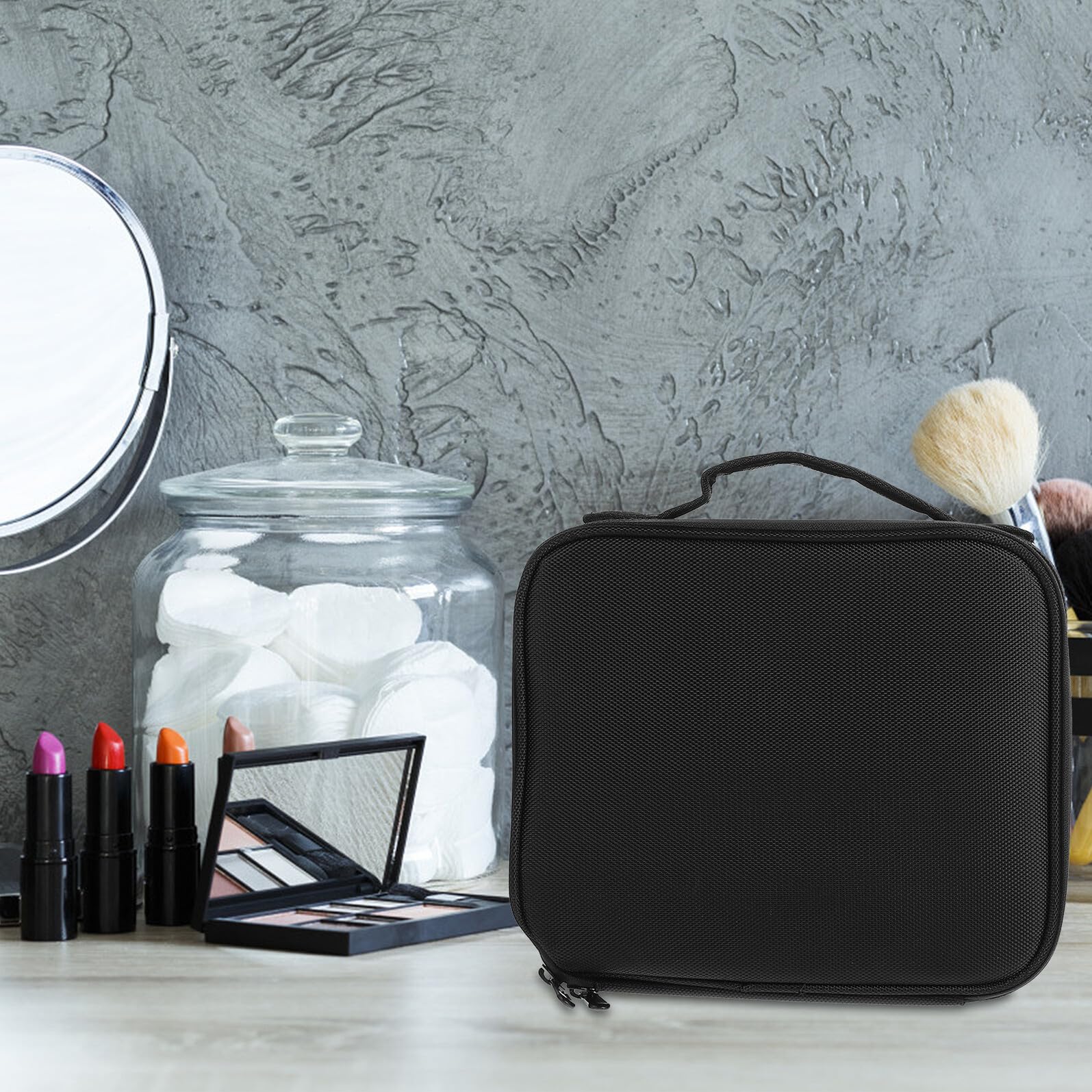 Bolsa de Viaje Negra Neceser Portátil con Asa para Maquillaje y Aseo Organizador Práctico para Vacaciones y Camping