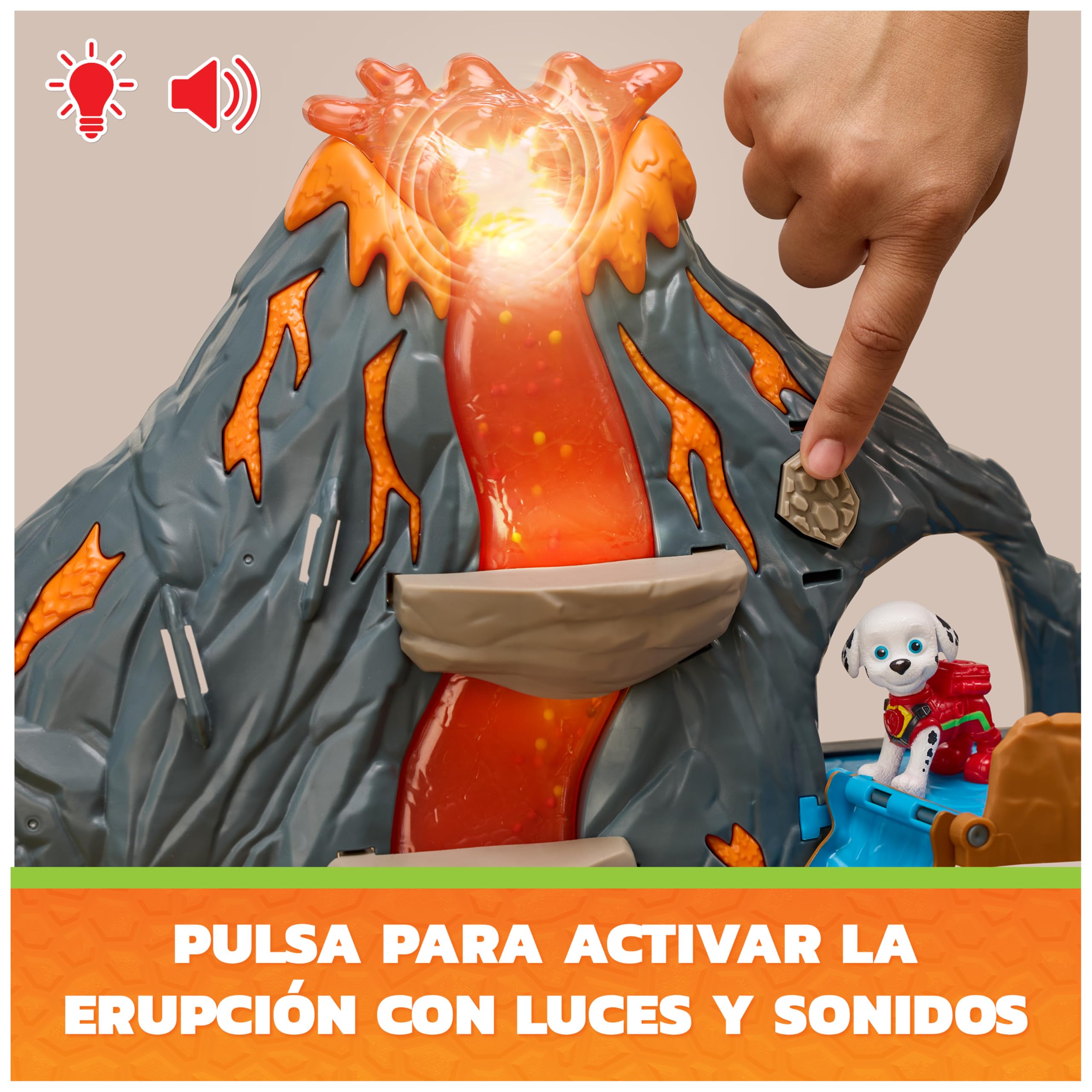 Paw Patrol: The Dino Movie, Set de Juego Super Lava Blast Volcano con Luces y Sonidos, Figuras de acción de Marshall y Rhubarb, Juguetes para niños y niñas preescolares, a Partir de 3 años