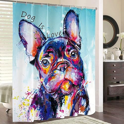 Miniatura 4 de Miyotaa Juego de cortina de ducha de pintura al óleo abstracta divertida de perro, 60 pulgadas de ancho x 71 pulgadas de alto, diseño de bulldog