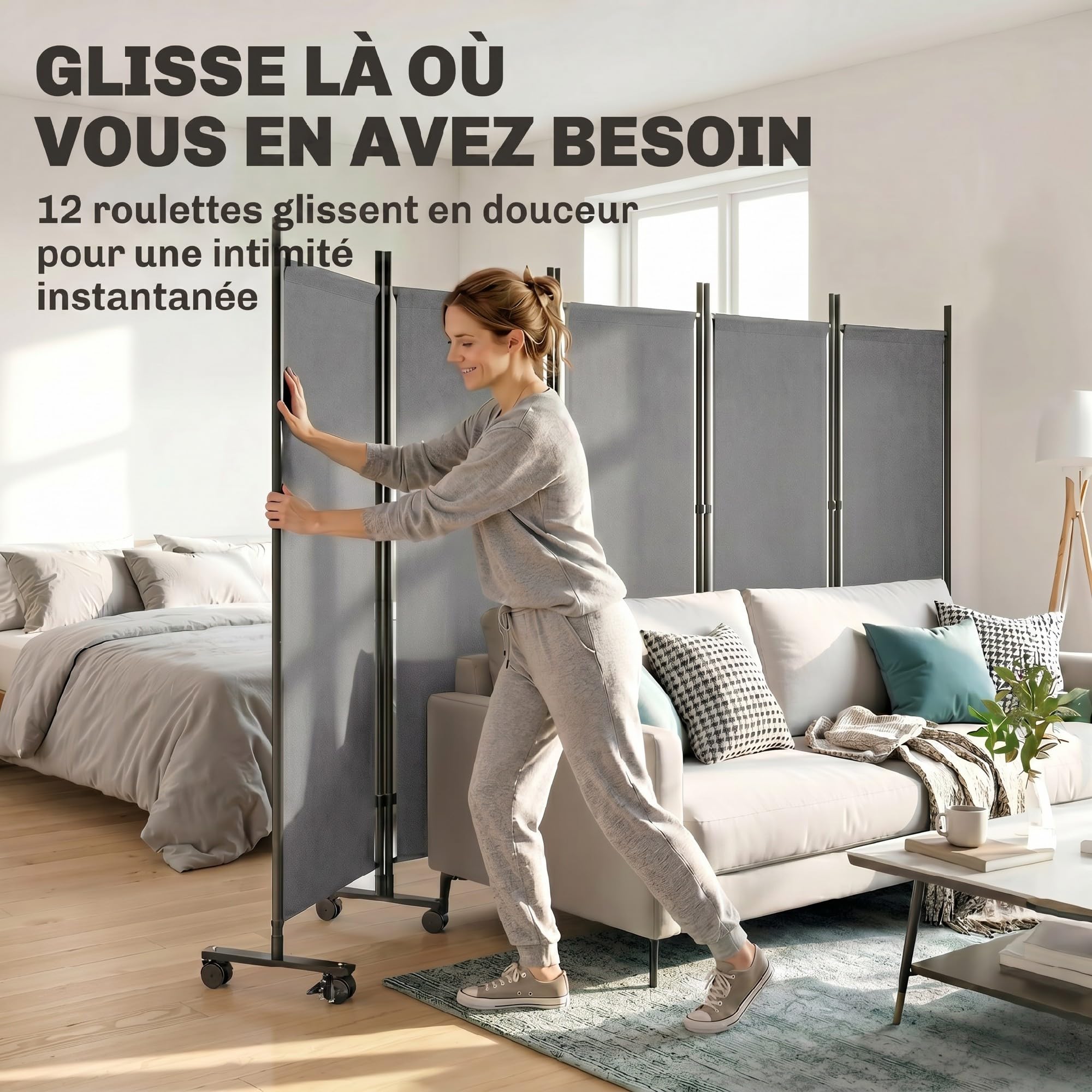 Outsunny Paravent 5 Panneaux 252 x 170 cm Pliant Intérieur Gris Foncé
