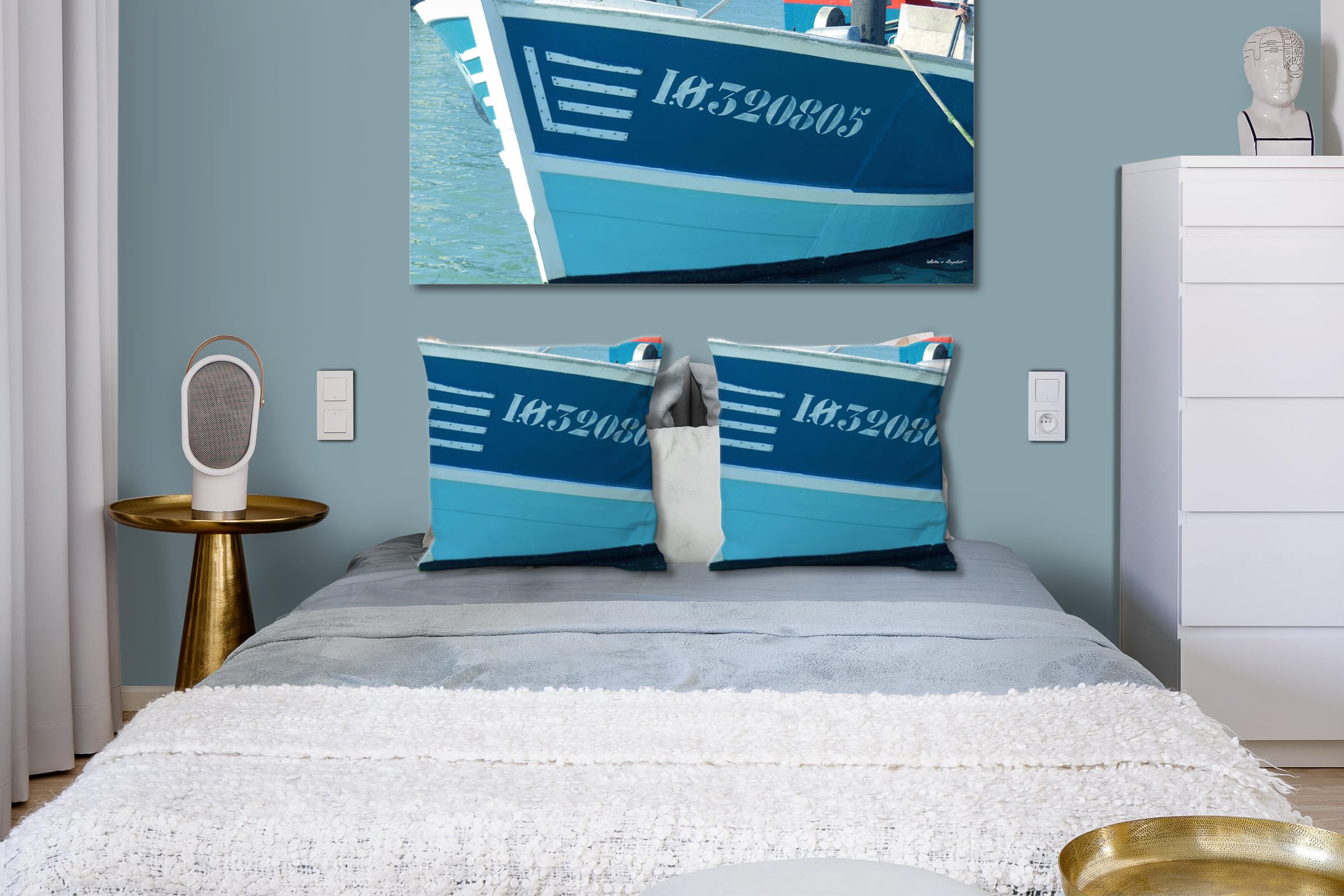 Schiff AHOI 8 - Foto-Kissen-Hülle Set (2 STK.) 40 x 40 cm | Kissen-Bezüge - passend zu Wandbild - Deko-Kissen - Holz-Boot Hafen Schiff Atlantik maritim