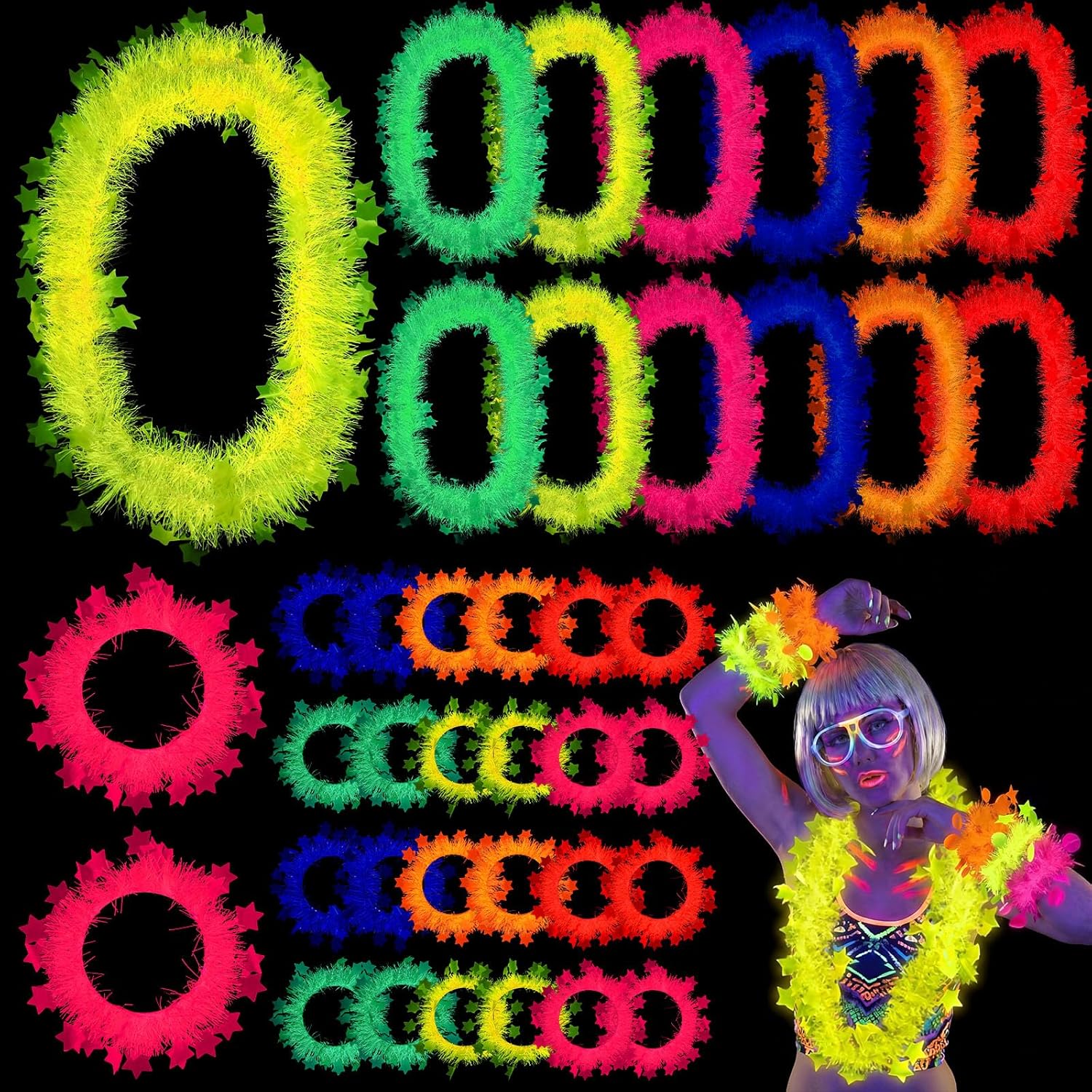 Riceshoot 36 Pcs Glow in the Dark Party Accessories Glow in the Dark Party Supplies Neon Fluorescent Necklace and Bracelet Set Blacklight Necklace Favors Bracelet Photo Booth Props for Women Men Adult