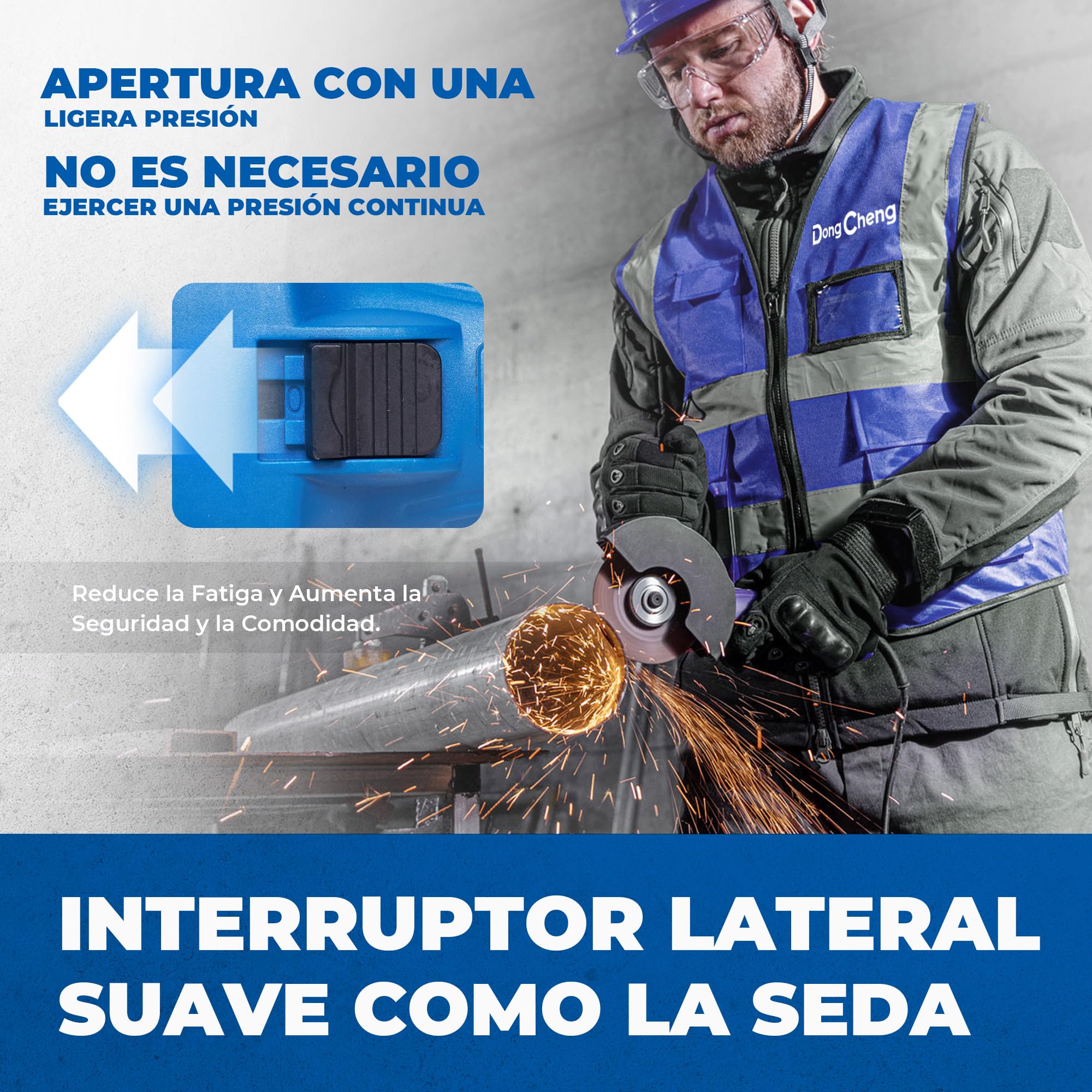 DongCheng Amoladora Angular 800W (125 mm, 11.800 rpm). Con cubierta de cierre rápido, empuñadura auxiliar e incluye 2 discos de desbaste, 2 de copa y 2 de corte. Ideal para pulir, lijar y cortar